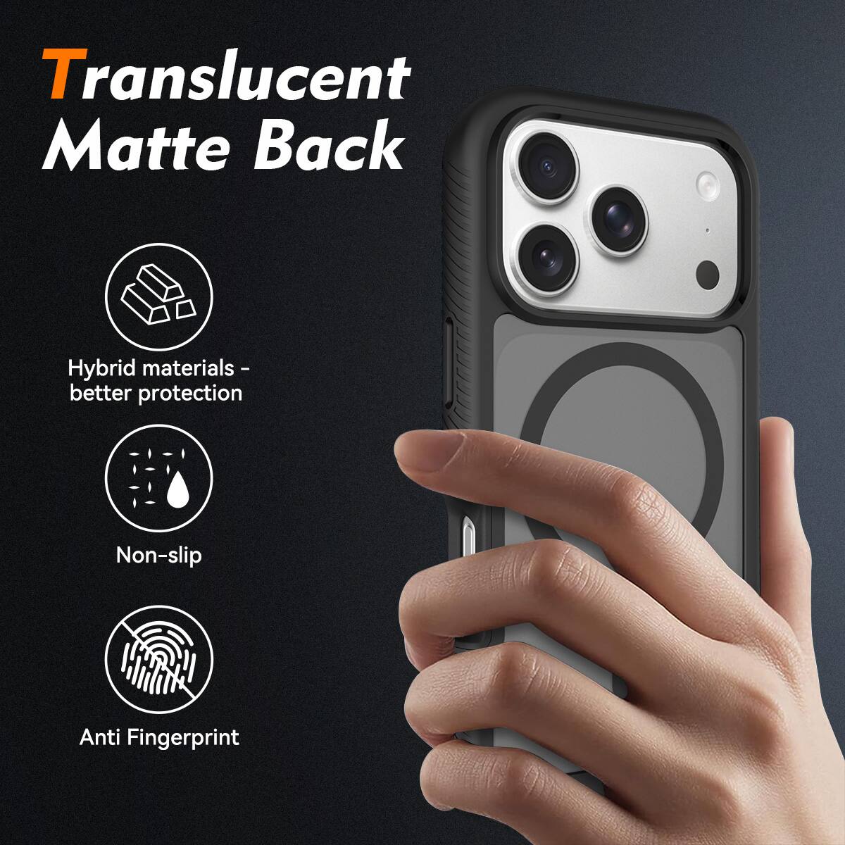 Translucent Matte Back  
Hybrid materials - better protection  
Non-slip  
Anti Fingerprint