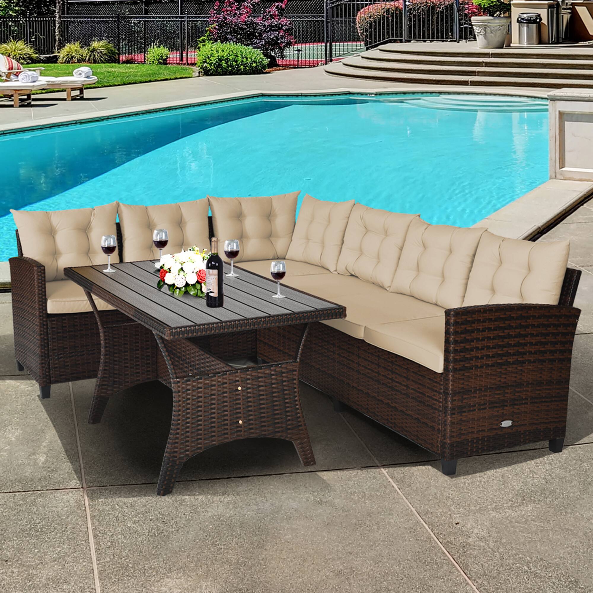 Alt View 4. Gymax - Gymax 3PCS Rattan Dining Sofa Set w/6 Cushioned Seats Patio Furniture - AS PICS.