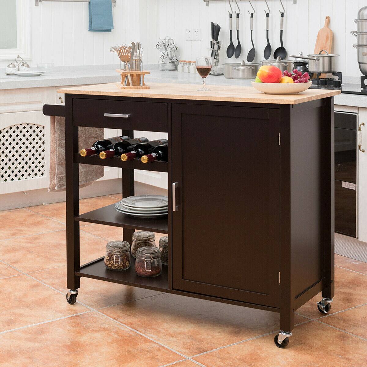 Alt View 1. Gymax - Gymax 4-Tier Wood Kitchen Island Trolley Cart Storage Cabinet w/ Wine Rack & Drawer - Brown.