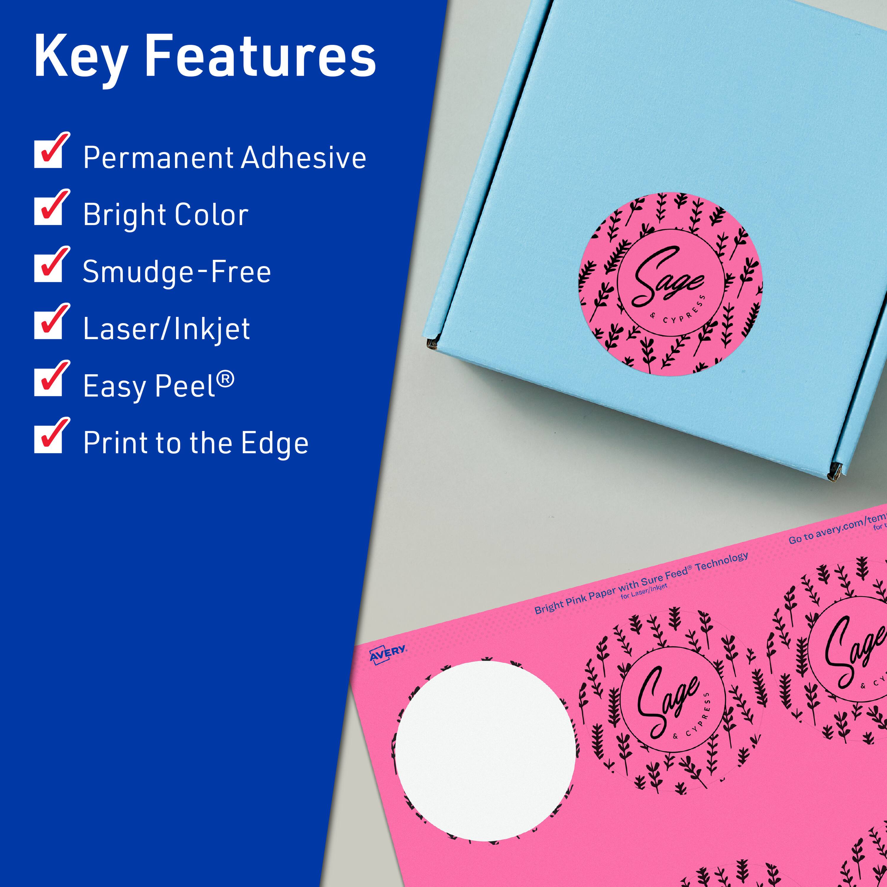 Key Features  
- Permanent Adhesive  
- Bright Color  
- Smudge-Free  
- Laser/Inkjet  
- Easy Peel®  
- Print to the Edge  

Sage Cypress  

Bright Pink Paper with Sure Feed® Technology  

Go to avery.com/tem  

AVERY