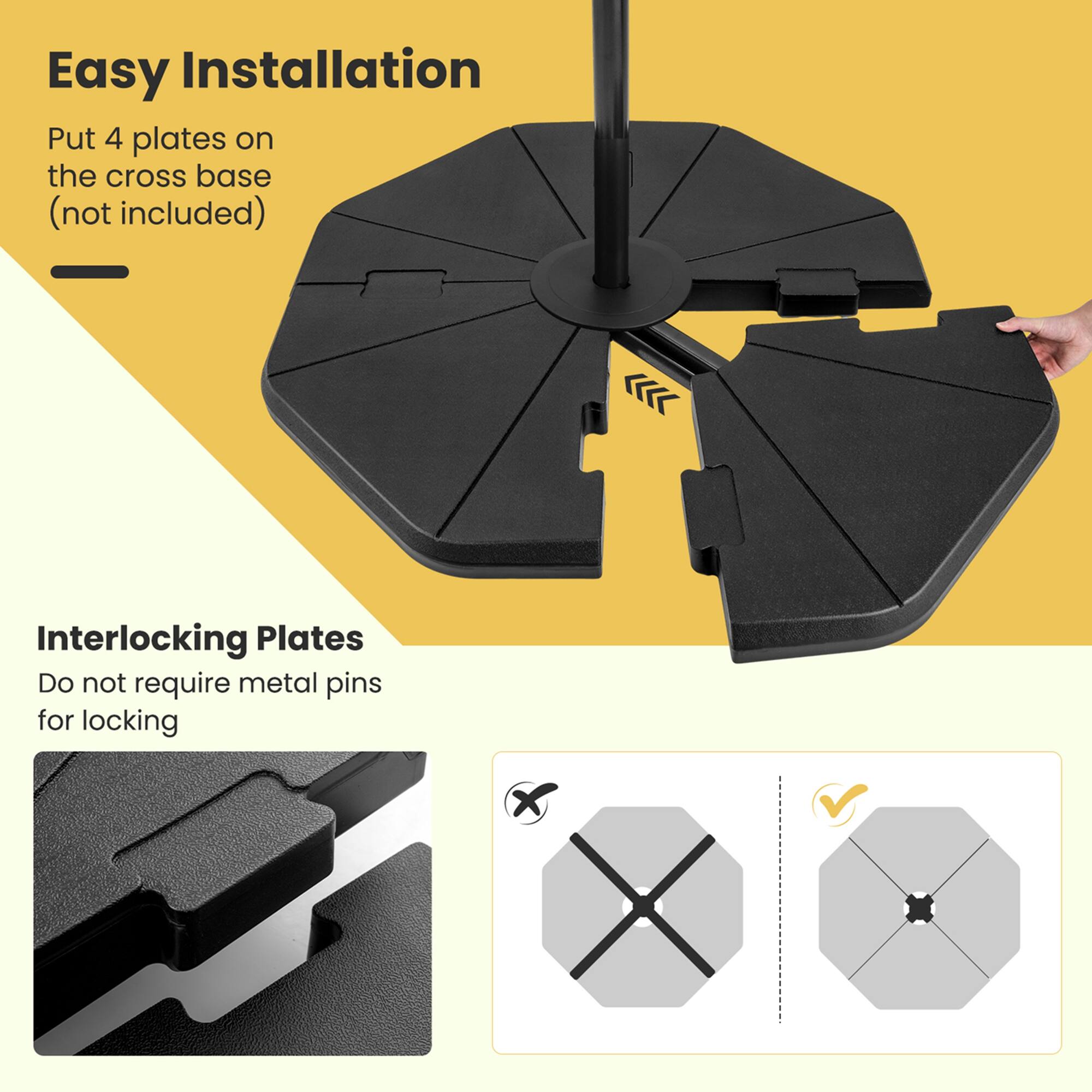 Easy Installation: Put 4 plates on the cross base (not included). Interlocking Plates: Do not require metal pins for locking.