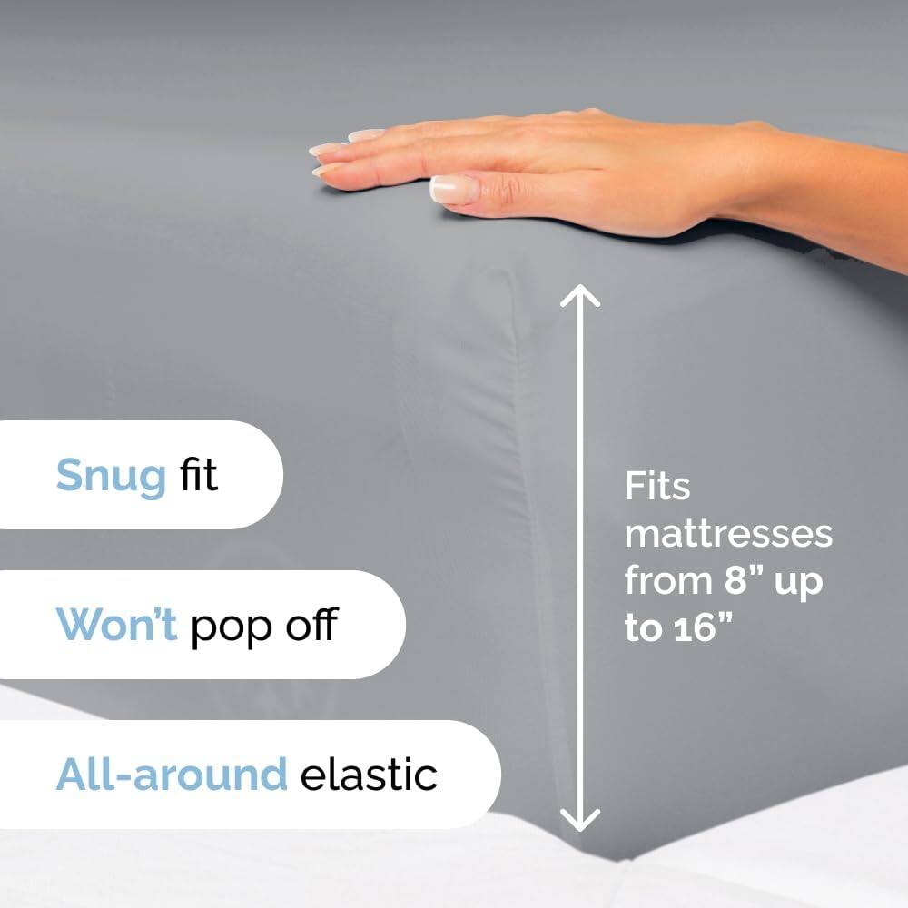 Snug fit  
Won't pop off  
Fits mattresses from 8" up to 16"  
All-around elastic