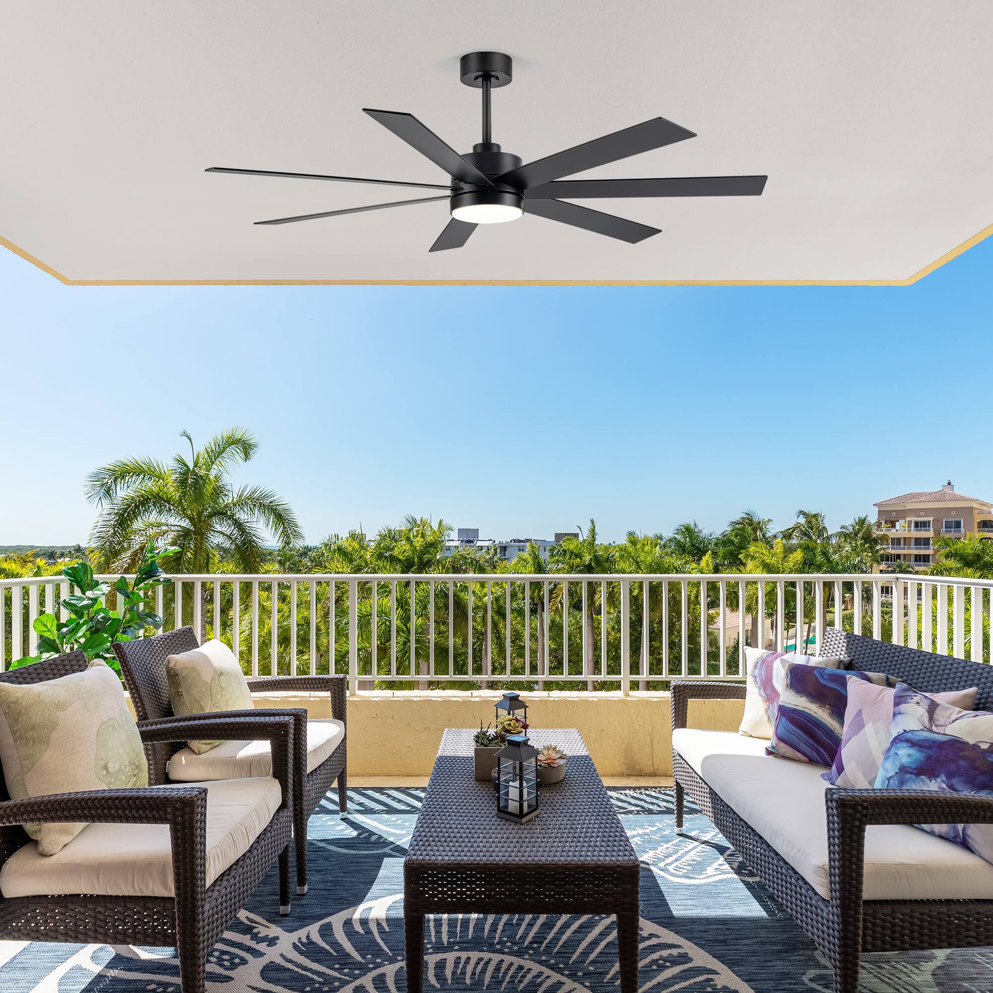 Back. Breezary - 62-Inch Ceiling Fan with LED Light, DC Motor, Reversible Blades, 3 Color Temperatures, Remote Control, Energy-Saving - Black and Walnut.