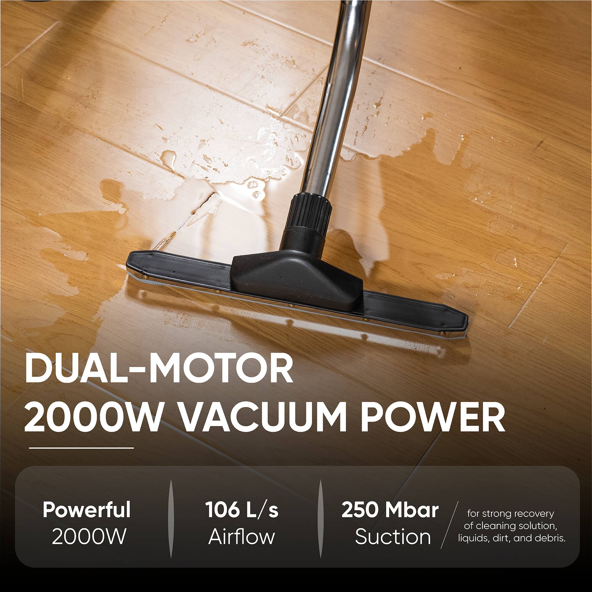 DUAL-MOTOR 2000W VACUUM POWER

Powerful 2000W
106 L/s Airflow
250 Mbar Suction for strong recovery of cleaning solution, liquids, dirt, and debris.