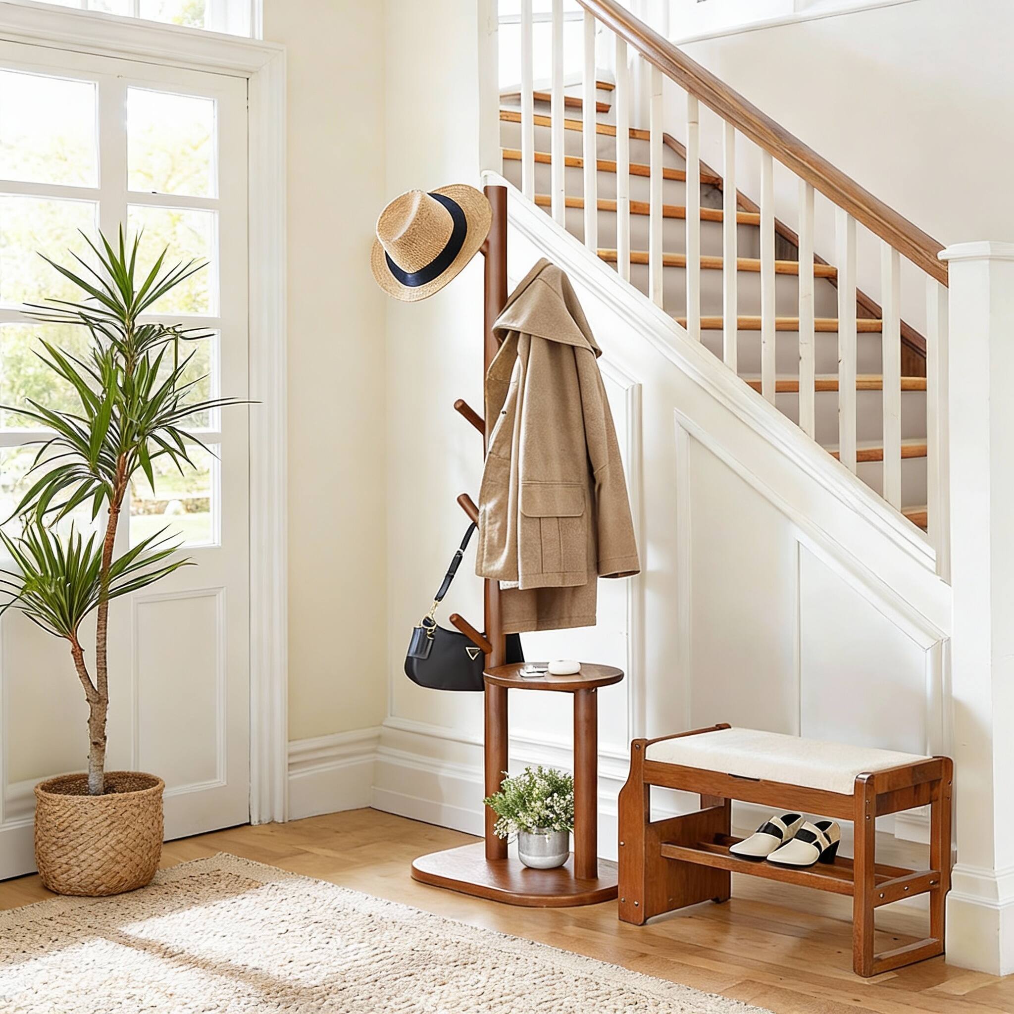 Alt View 1. Frangdom - Solid Wood Hall Tree 8-Hook Rack with Shelf 66" Entry Organizer - BROWN 12.5"D x 15.6"W x 66.3"H.