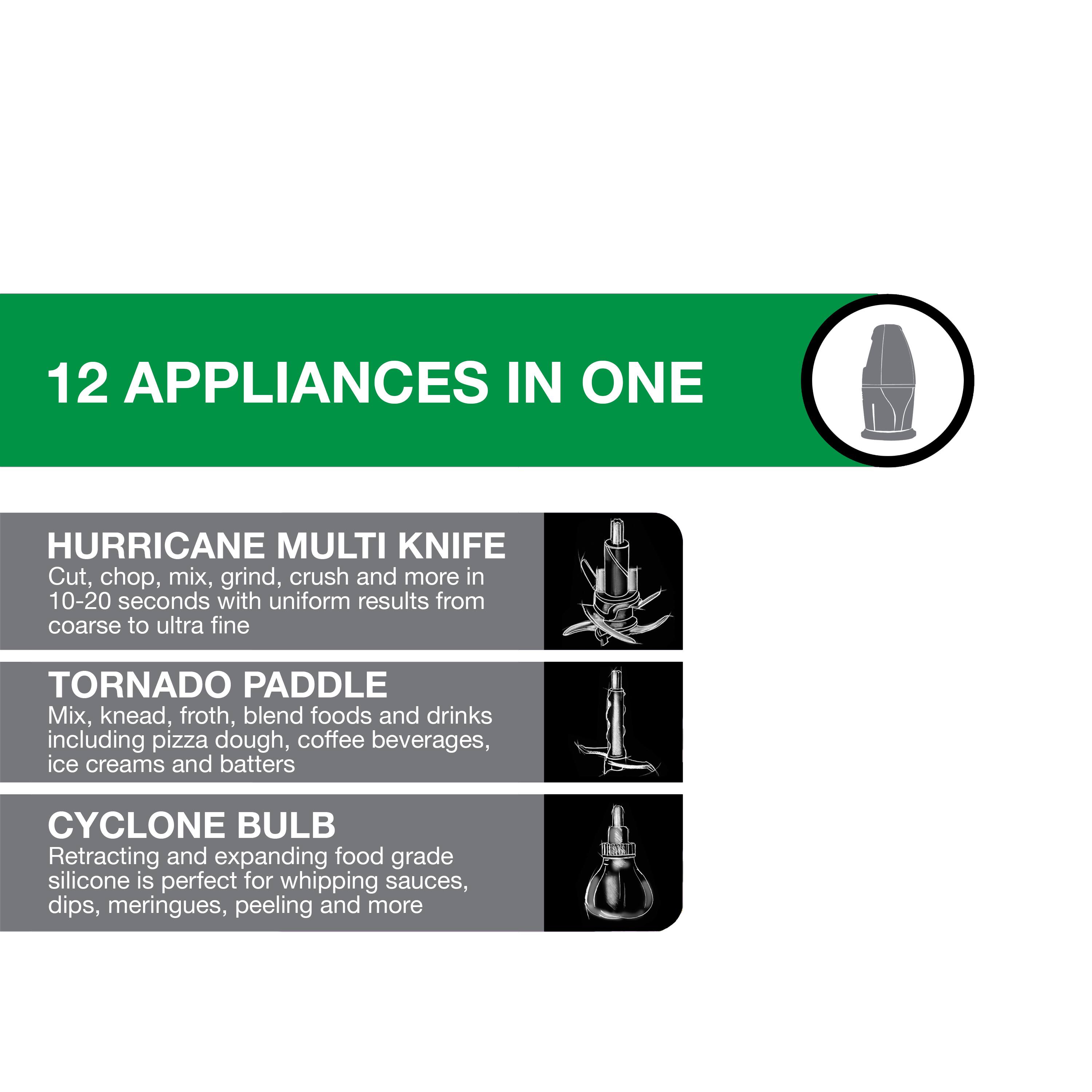 12 APPLIANCES IN ONE

HURRICANE MULTI KNIFE  
Cut, chop, mix, grind, crush and more in 10-20 seconds with uniform results from coarse to ultra fine

TORNADO PADDLE  
Mix, knead, froth, blend foods and drinks including pizza dough, coffee beverages, ice creams and batters

CYCLONE BULB  
Retracting and expanding food grade silicone is perfect for whipping sauces, dips, meringues, peeling and more