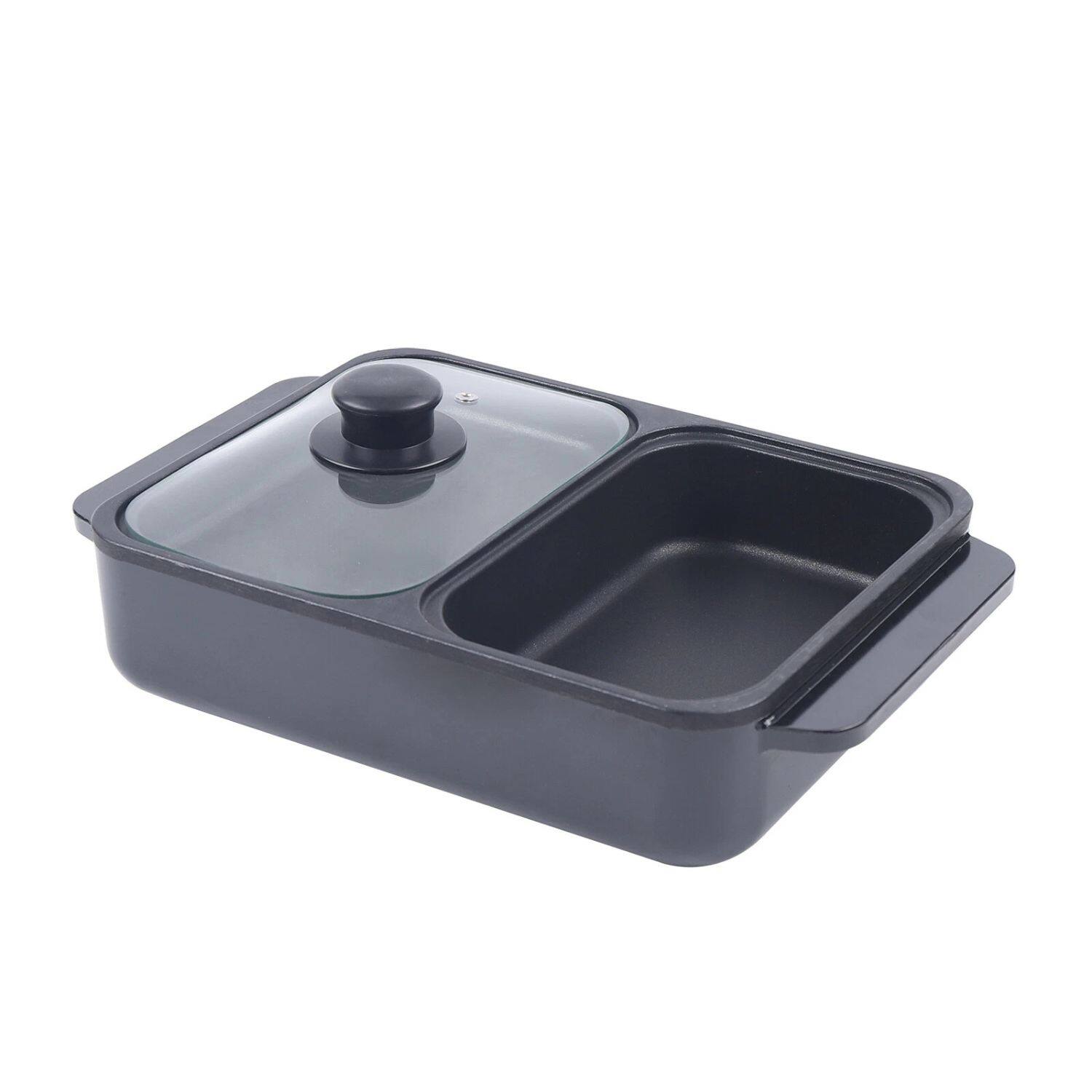 Angle. Home Collection - Mini 2-in-1 Electric Hot Pot & BBQ Grill Smokeless Shabu Cooking Pan 1200W - Black / Silver.