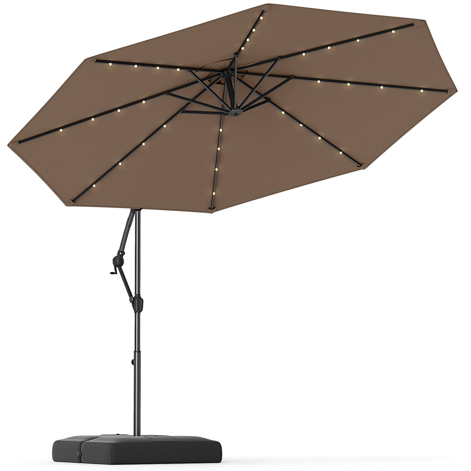 Alt View 3. Mondawe - 10 FT Solar Offset Hanging Umbrella with Base and 32 LED Lights - Taupe.