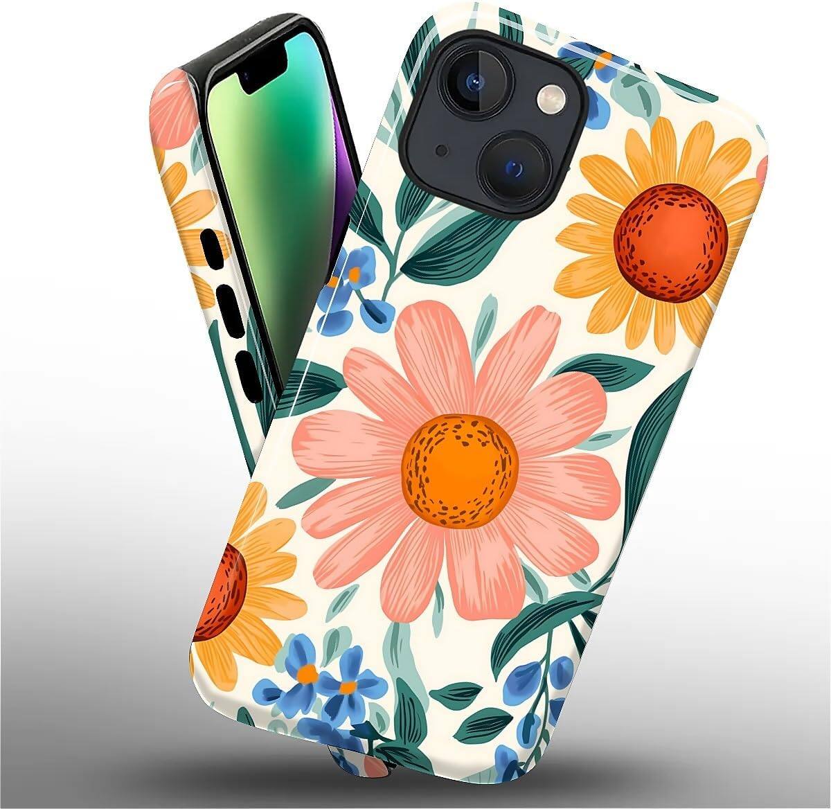 Alt View 2. Wikistore - Case for iPhone 14 Plus - Hybrid 2-Layer Durable Smartphone Protection Case - Retro Flowers.