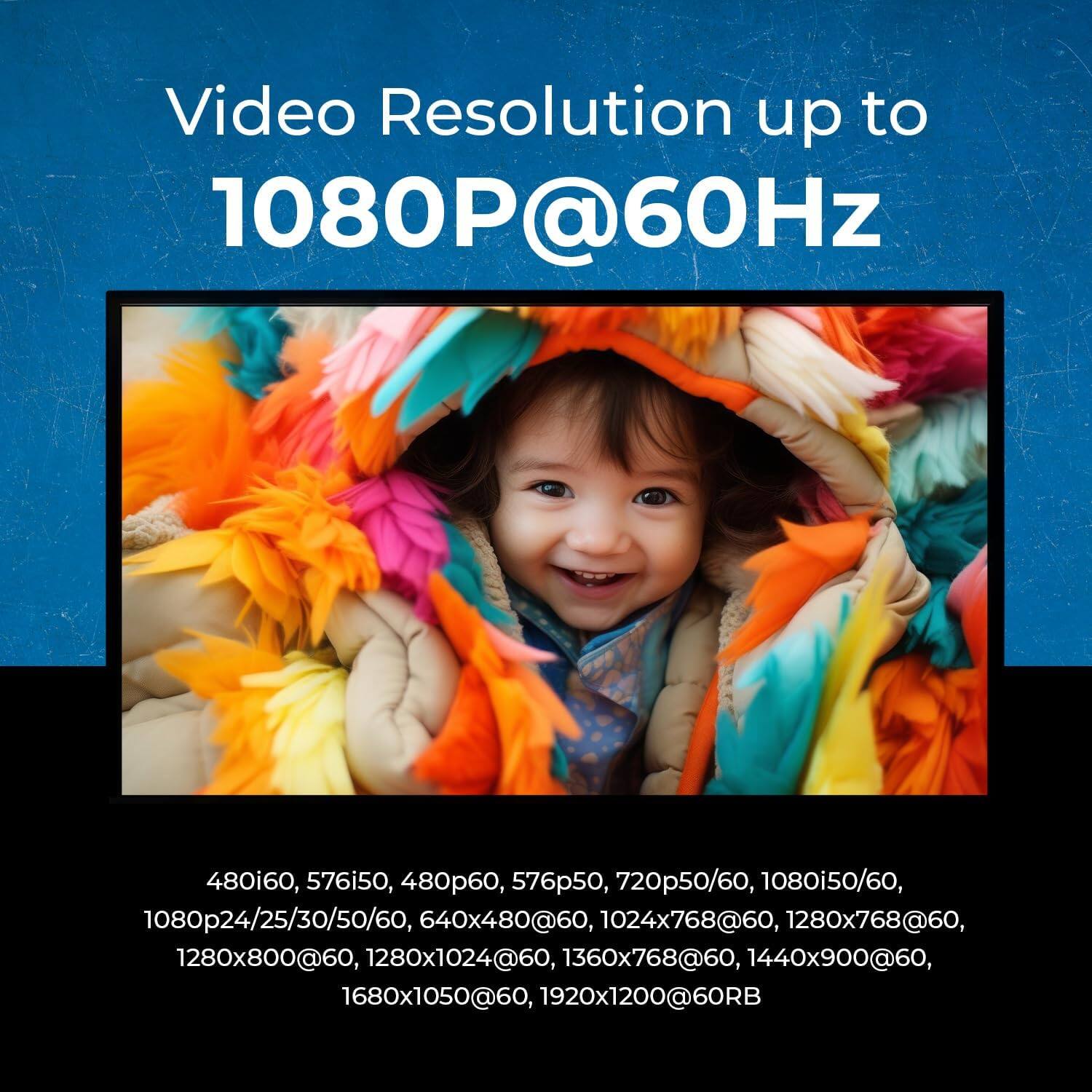 Video Resolution up to 1080P@60Hz: 480i60, 576i50, 480p60, 576p50, 720p50/60, 1080i50/60, 1080p24/25/30/50/60, 640x480@60, 1024x768@60, 1280x768@60, 1280x800@60, 1280x1024@60, 1360x768@60, 1440x900@60, 1680x1050@60, 1920x1200@60, RB
