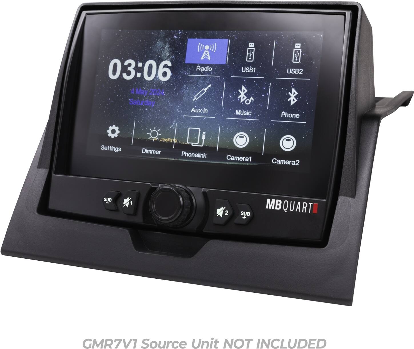 The text on the image reads: "03:06 Radio 4 May 2024 Saturday Aux In In USB1 Music USB2 Phone Settings Dimmer Phonelink Camera1 Camera2 SUB 1 2 SUB MB QUART GMR7V1 Source Unit NOT INCLUDED."