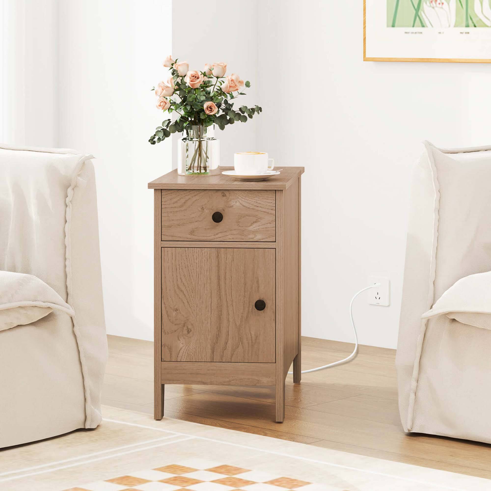Back. Costway - 2 PCS End Table with Charging Station Flip Top Bedside Table with USB Ports & Outlets - Natural.