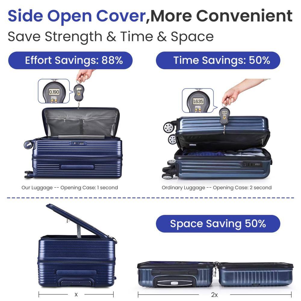 Side Open Cover, More Convenient  
Save Strength & Time & Space  

Effort Savings: 88%  
Time Savings: 50%  

Our Luggage -- Opening Case: 1 second  
Ordinary Luggage -- Opening Case: 2 seconds  

Space Saving 50%