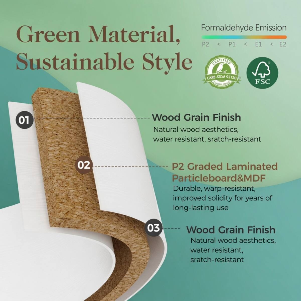 Green Material, Sustainable Style

Formaldehyde Emission
P2 < P1 < E1 < E2

CERTIFIED CARB ATCM 93120
FSC

01
Wood Grain Finish
Natural wood aesthetics, water resistant, scratch-resistant

02
P2 Graded Laminated Particleboard&MDF
Durable, warp-resistant, improved solidity for years of long-lasting use

03
Wood Grain Finish
Natural wood aesthetics, water resistant, scratch-resistant