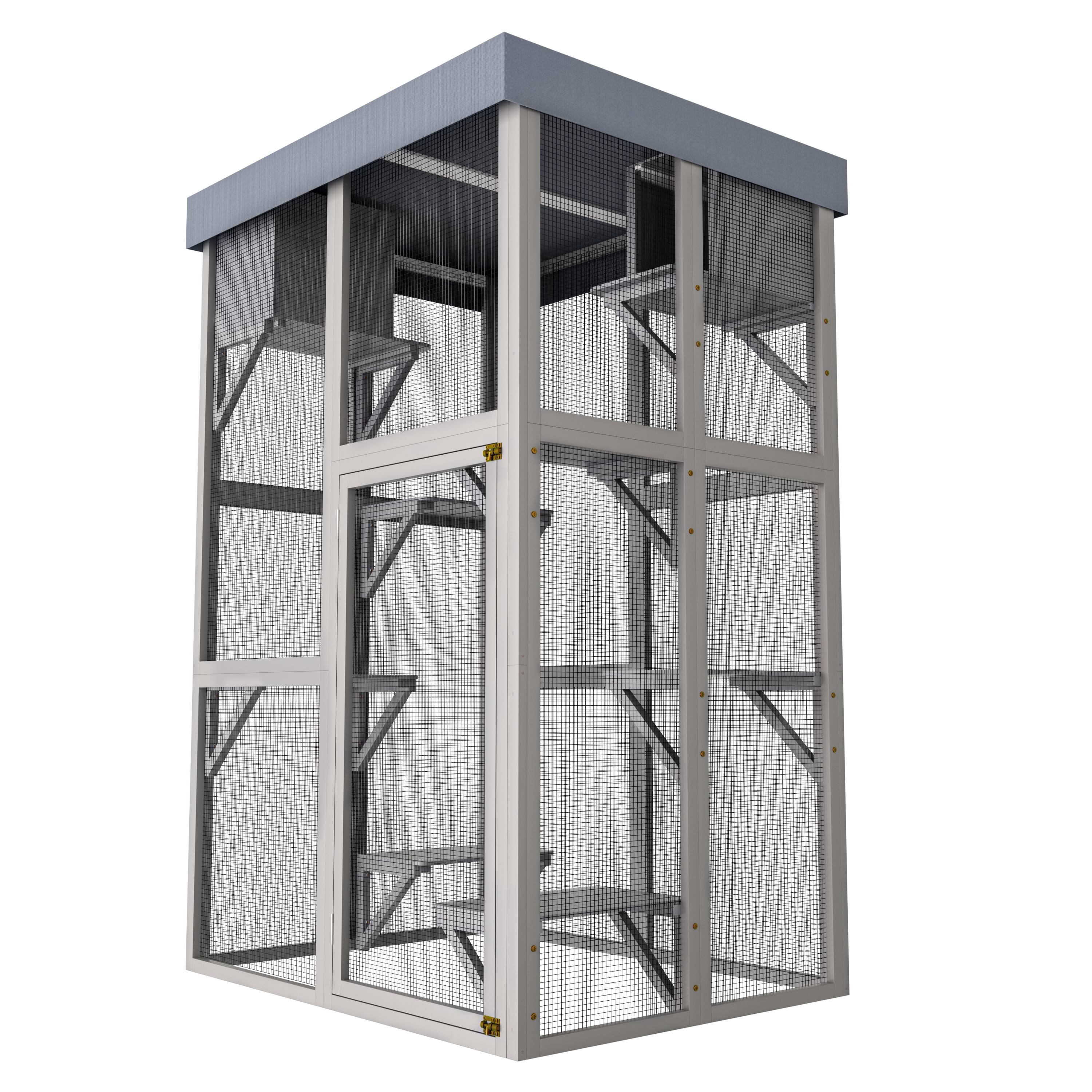 Angle. Siljoy - 70.5" Tall Gray Catio with Removable Tarp, 6 Platforms & 2 Napping Houses, Outdoor Cat Enclosure.