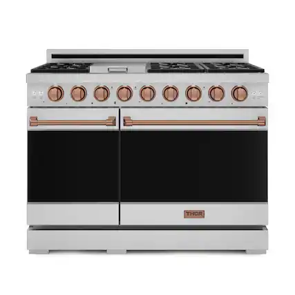 Front. Thor Kitchen - Gordon Ramsay Series by Thor Kitchen 6.8 Cu. Ft Freestanding Liquid Propane Gas Range with Rose Gold Hardware - Stainless Steel.