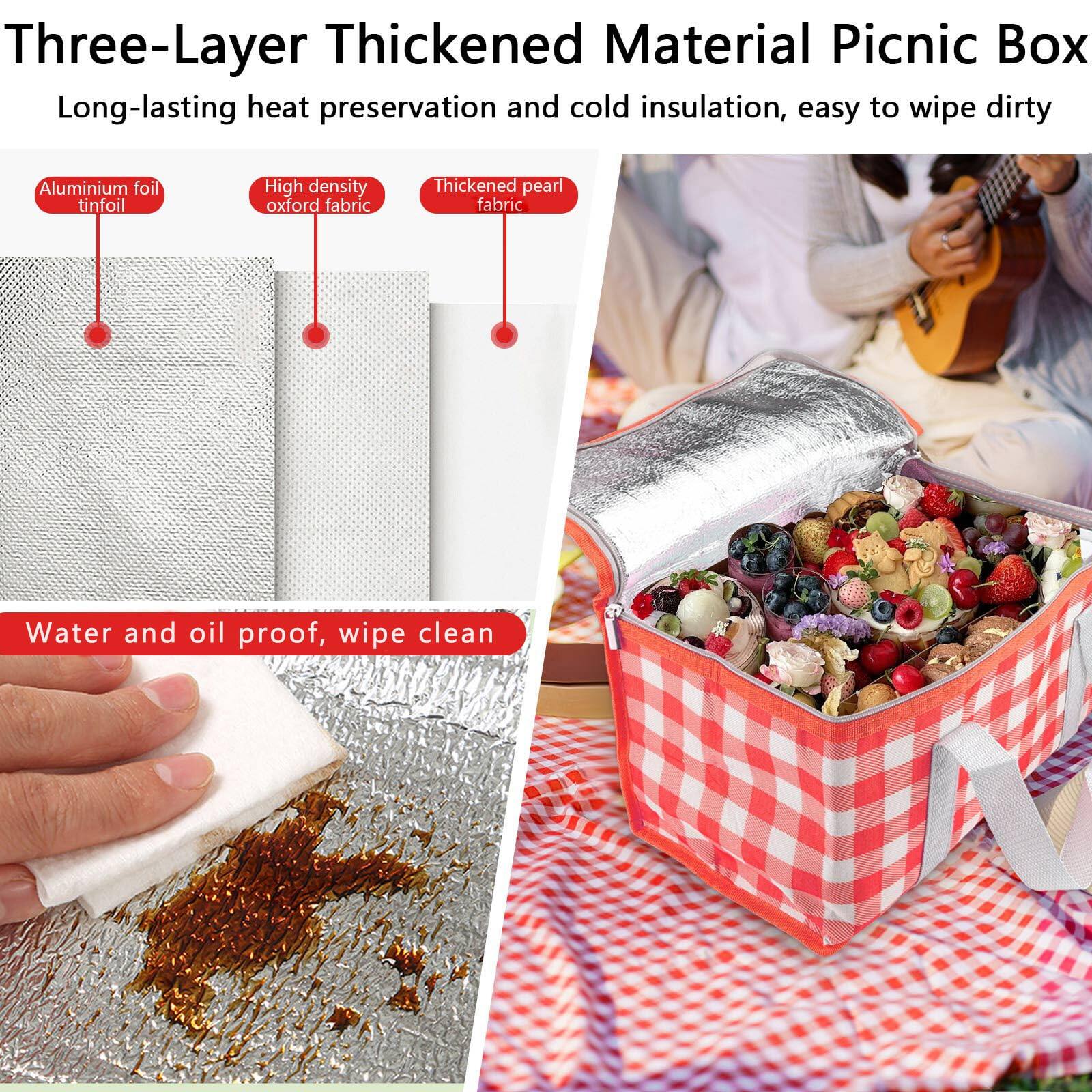 Three-Layer Thickened Material Picnic Box  
Long-lasting heat preservation and cold insulation, easy to wipe dirty  

- Aluminium foil tinfoil  
- High density oxford fabric  
- Thickened pearl fabric  

Water and oil proof, wipe clean