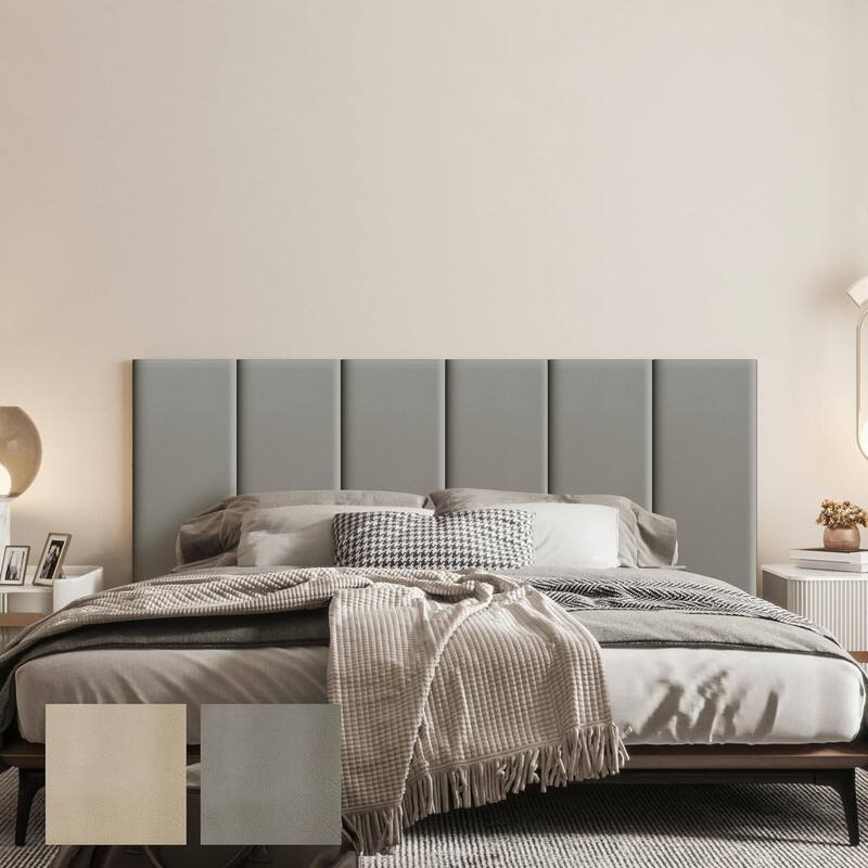 Front. wowmax - Peel & Stick Faux Leather Headboard - Waterproof 3D Wall Panel for Full Bed, 35.4x11.8", Grey (6-Pack) - Grey.