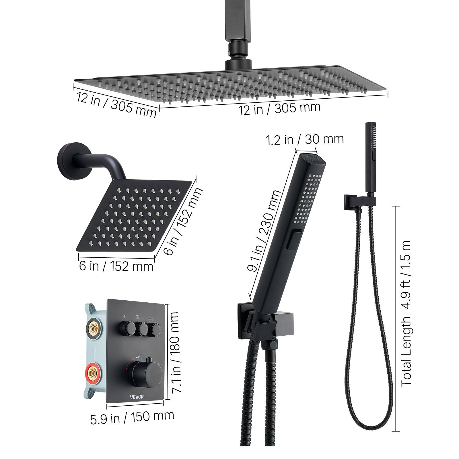 - 12 in / 305 mm
- 1.2 in / 30 mm
- 6 in / 152 mm
- 9.1 in / 230 mm
- 7.1 in / 180 mm
- 5.9 in / 150 mm
- Total Length: 4.9 ft / 1.5 m