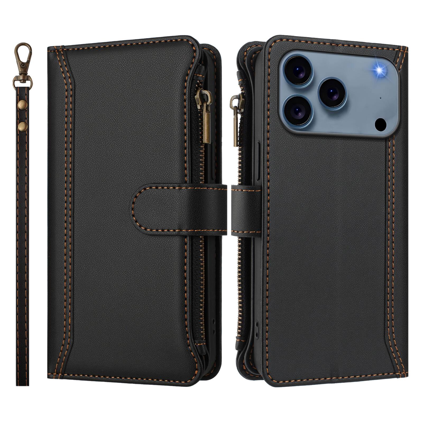 Angle. UUCOVER - Wallet Case for Apple iPhone 17 Pro Max with Zipper Pocket, Cash Card Slots, Wrist and Shoulder Strap, Flip Stand Cover - Black.