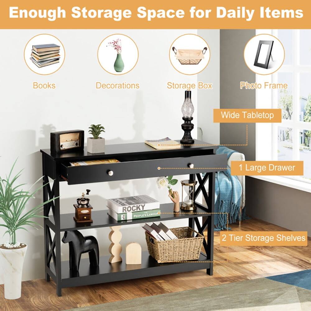 Enough Storage Space for Daily Items

- Books
- Decorations
- Storage Box
- Photo Frame
- Wide Tabletop
- 1 Large Drawer
- 2 Tier Storage Shelves