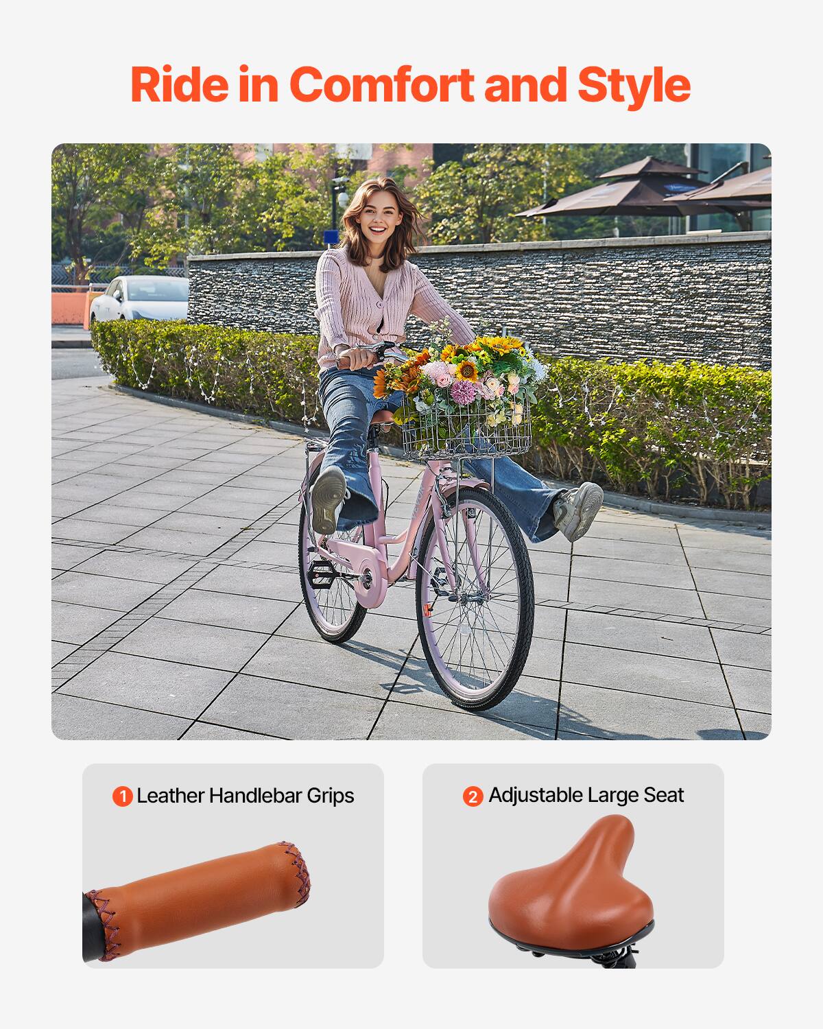 Ride in Comfort and Style
1 Leather Handlebar Grips
2 Adjustable Large Seat