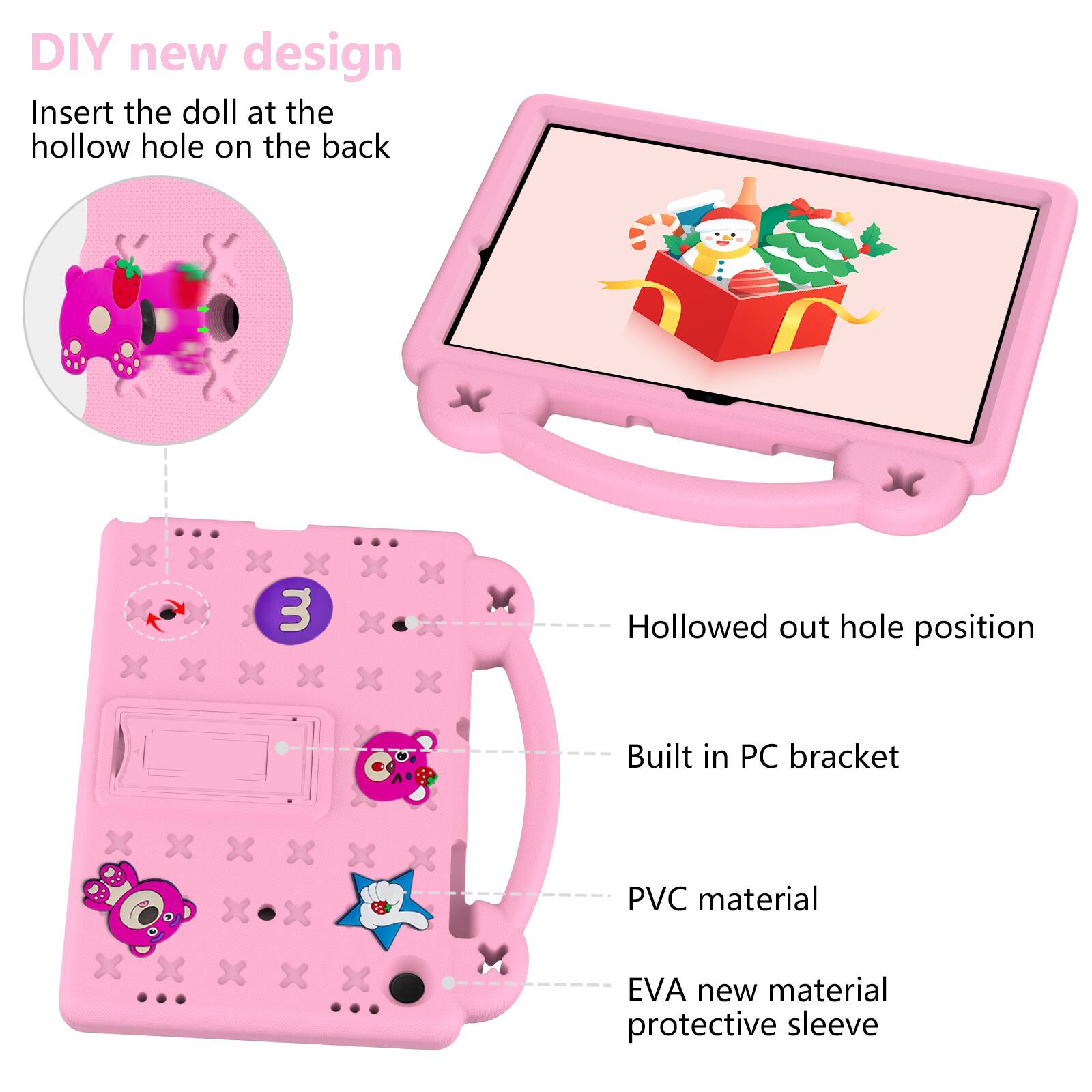 DIY new design  
Insert the doll at the hollow hole on the back  
3 Hollowed out hole position  
Built in PC bracket  
PVC material  
EVA new material protective sleeve