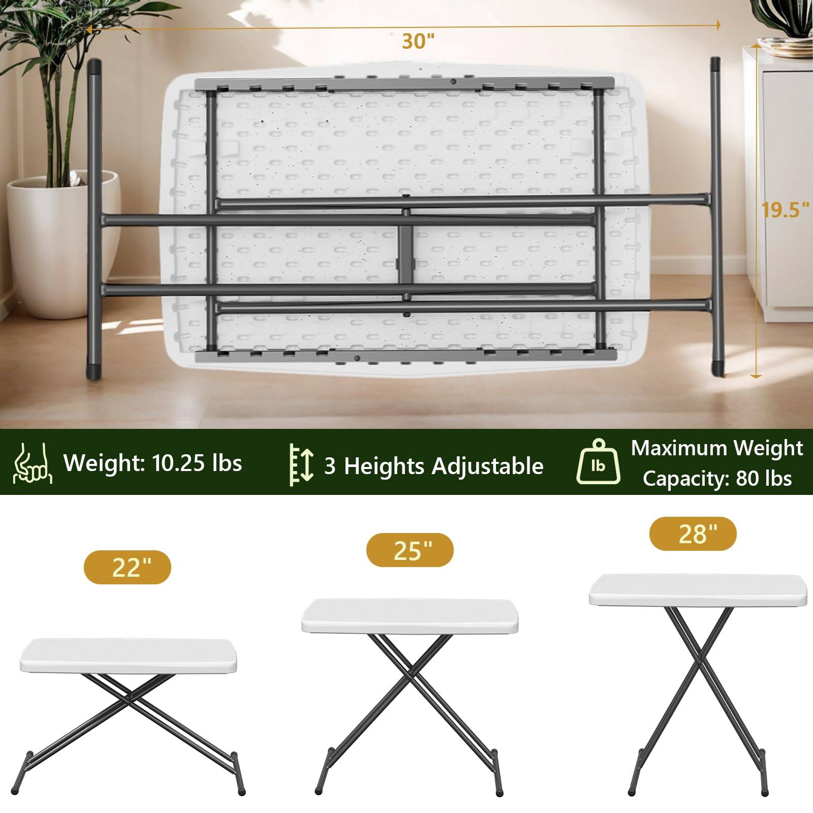 - Weight: 10.25 lbs
- 3 Heights Adjustable
- Maximum Weight Capacity: 80 lbs
- Dimensions: 30" x 19.5"
- Adjustable Heights: 22", 25", 28"