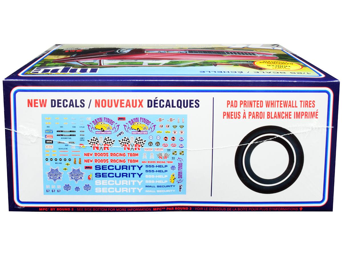 Sure, here is the corrected and grouped text from the image:

---

**NEW DECALS / NOUVEAUX DÉCALQUES**

- BARN FINDS
- RESTORATION
- NEW ROADS RACING TEAM
- SECURITY
  - 555-HELP
  - 24 24 24
  - 67 67 67
  - MALL SECURITY

**PAD PRINTED WHITEWALL TIRES / PNEUS À PAROI BLANCHE IMPRIMÉ**

**MPC BY ROUND 2 - SEE BOX BOTTOM FOR MORE INFORMATION / MPC" PAR ROUND 2 - VOIR LE DESSOUS DE LA BOITE POUR PLUS D'INFORMATIONS**

---

This text is organized to reflect the content and layout of the image accurately.