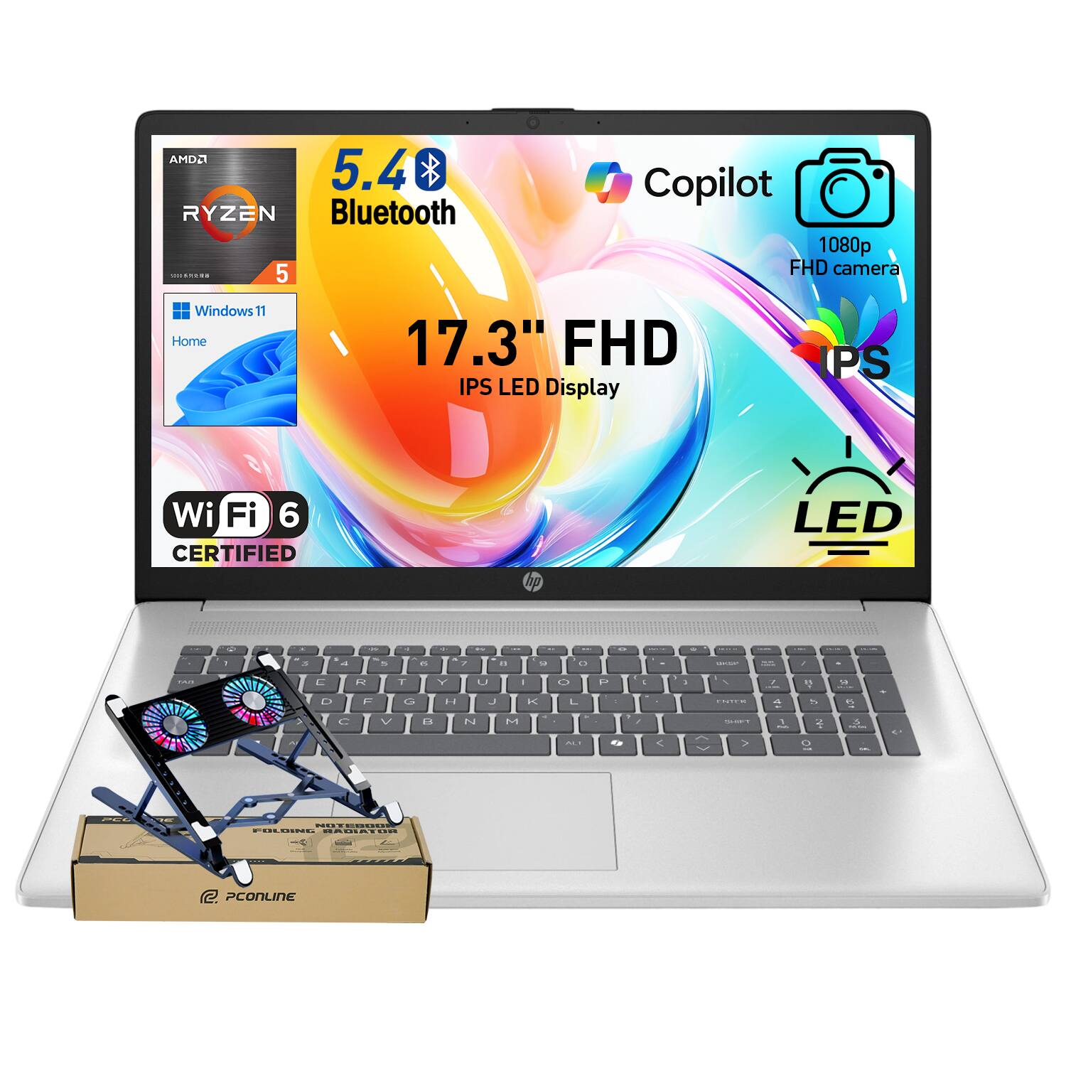 HP - Upgraded - 17.3" FHD Laptop - AMD Ryzen 5 7430U - 32GB RAM 2TB SSD - Copilot - Backlit KB - PCO Laptop Cooler - Silver