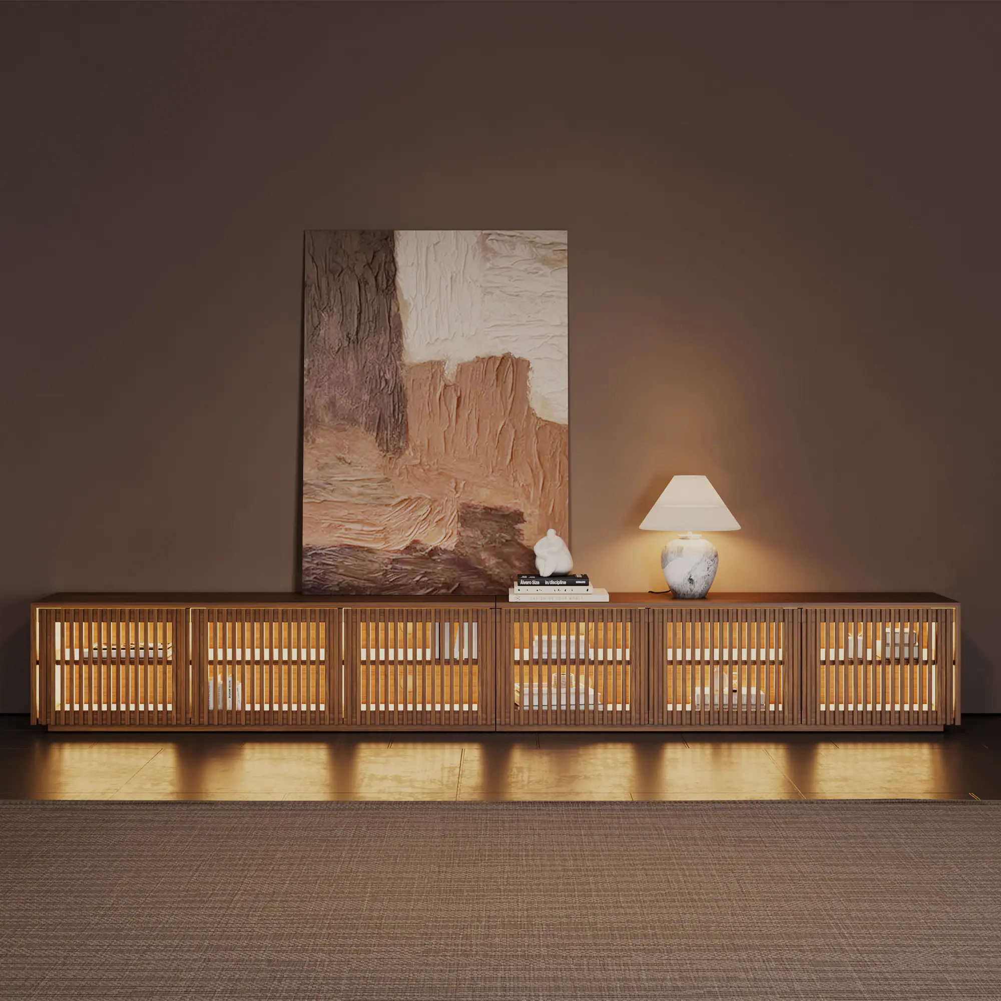 Angle. POVISON - 118" Mid-Century Modern Wood Slatted TV Stand with LED lightsMinimalist Entertainment Center, Perfect for 100-inch TVs​ - Walnut Color.