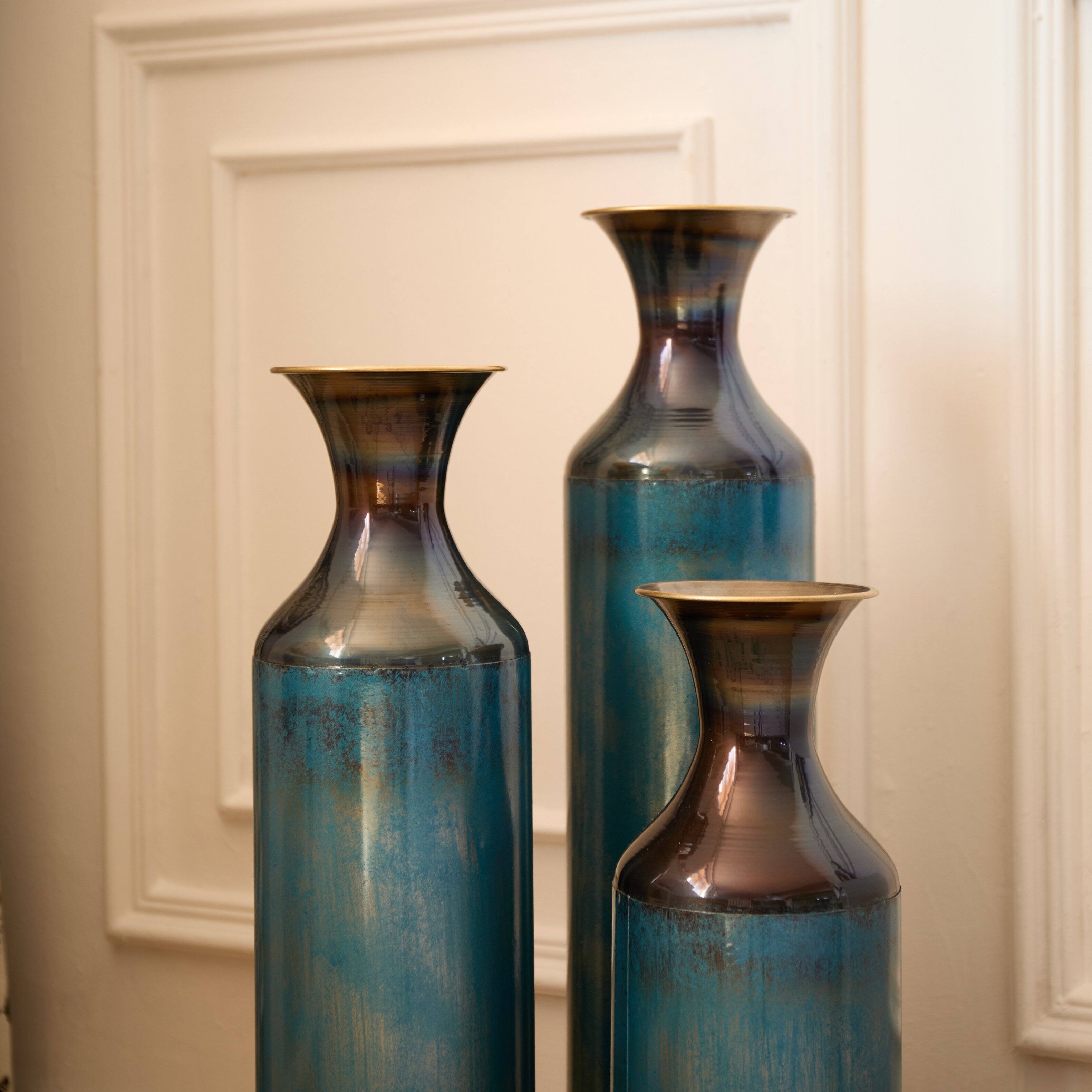 Alt View 2. Anysun - Torch-Fired Metal Vases Set of 3 - Blue Burnt Finish Floor Vases, 28.34/24.4/20.4in for Farmhouse Decor - Blue.
