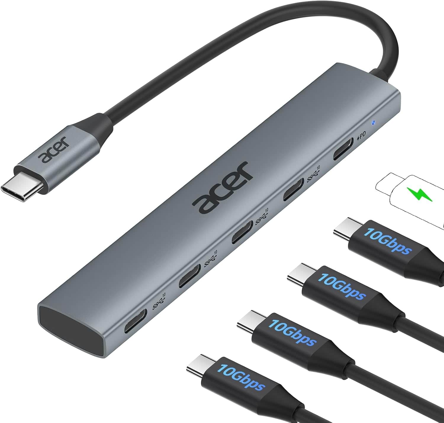 Acer - 10 Gbps USB C Hub, USBC Splitter with 4*USB C 3.2 and 100W PD Port, Fast Transfer Type-C Multiport Adapter
