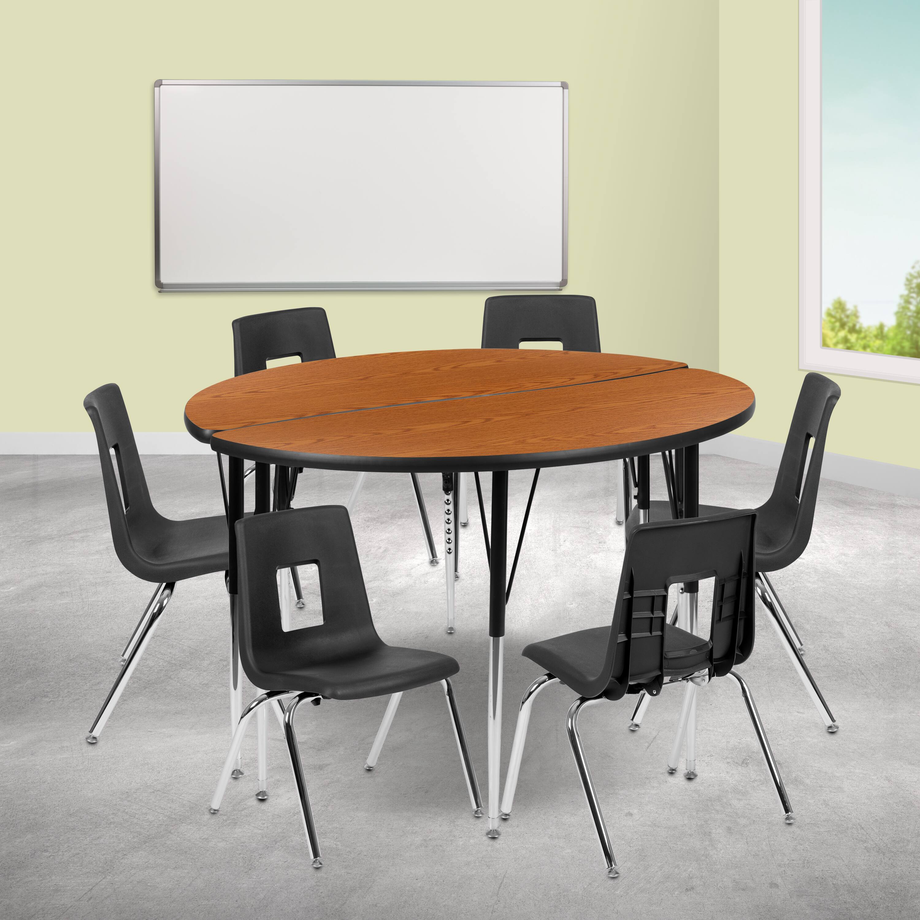 "Emma + Oliver - 47.5"" Circle Wave Collaborative Laminate Activity Table Set with 16"" Student Stack Chairs, Grey/Black - Oak" price history on PriceWatchPro