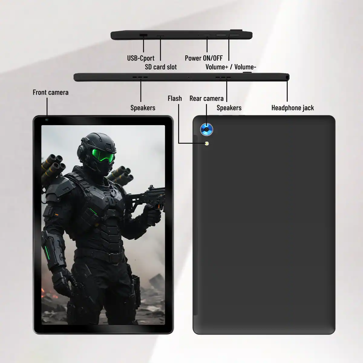 USB-C port  
SD card slot  
Power ON/OFF  
Volume+ / Volume-  
Front camera  
Speakers  
Flash  
Rear camera  
Speakers  
Headphone jack