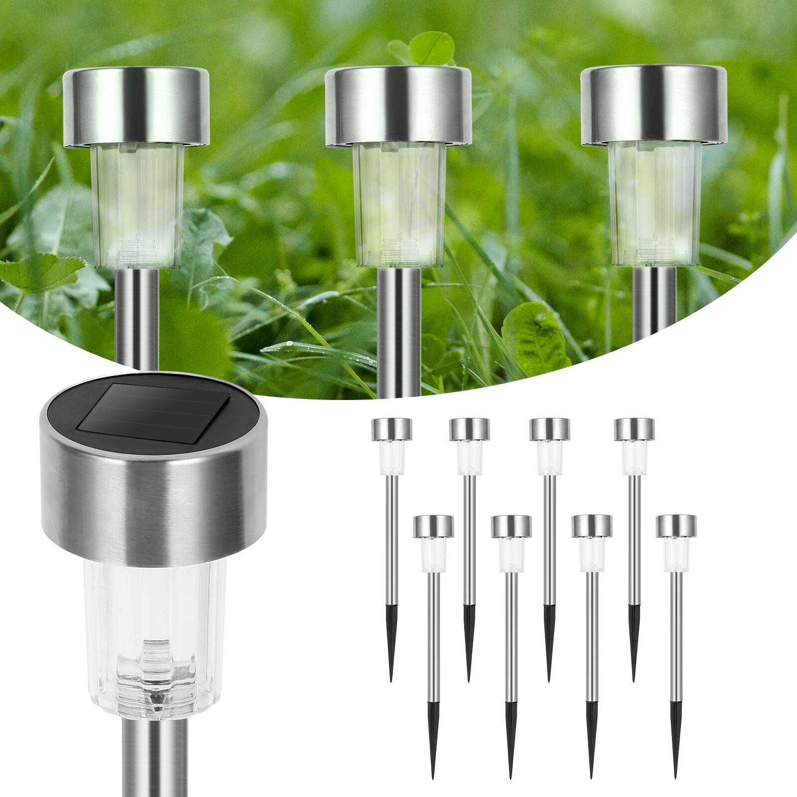 Front. Oumilen - 10-Pack Solar Ground Lights Stainless Steel Tube Color Changing LED 13.6In Outdoor Stake Lights.