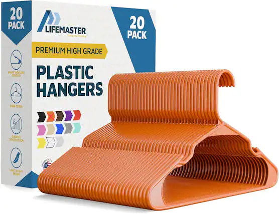 20 PACK, LIFEMASTER, PREMIUM HIGH GRADE, SMART SHOULDER GROOVES, PLASTIC HANGERS, SLEEK DESIGN, DURABLE CONSTRUCTION, LIGHT WEIGHT DESIGN