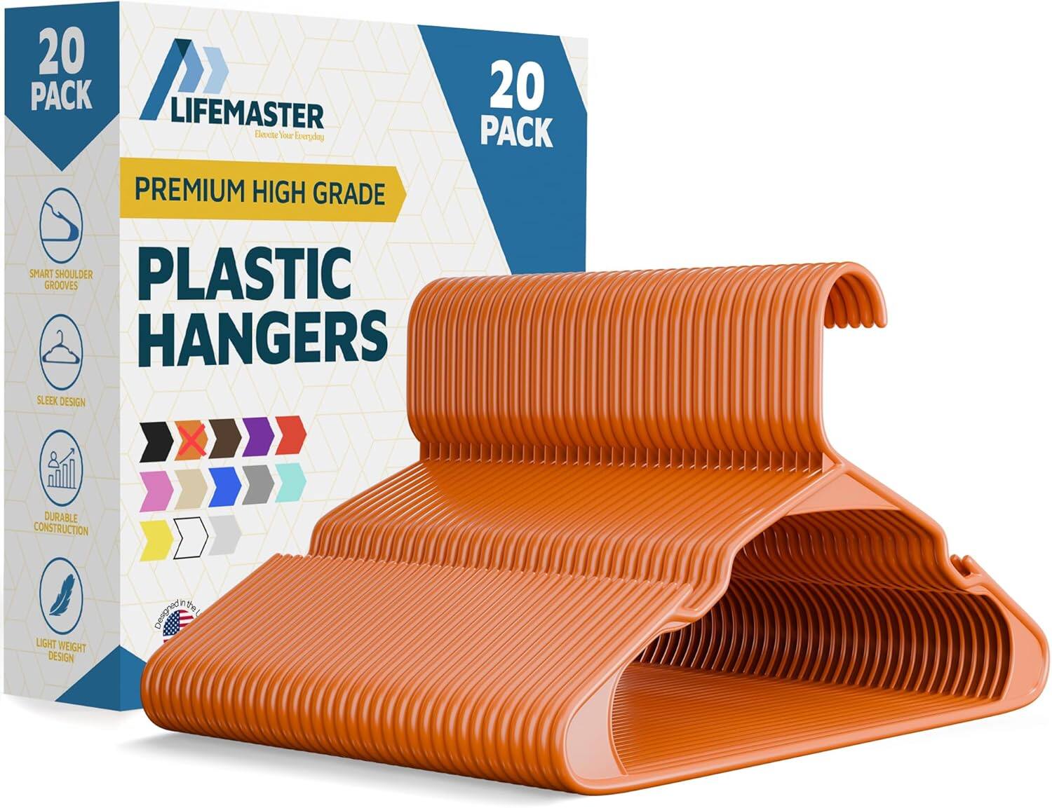 20 PACK, LIFEMASTER, PREMIUM HIGH GRADE, SMART SHOULDER GROOVES, PLASTIC HANGERS, SLEEK DESIGN, DURABLE CONSTRUCTION, LIGHT WEIGHT DESIGN