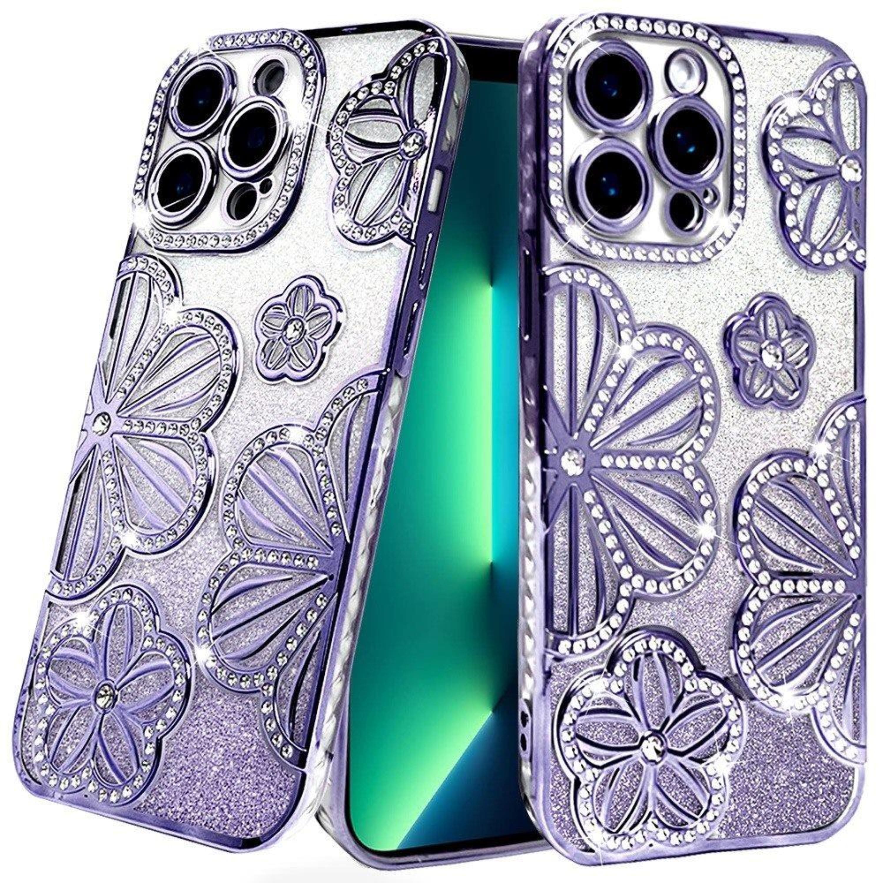 Kitcheniva - Bling Floral Case With 3D Rhinestone Glitter Cover For iPhone 13 Pro Max - Purple