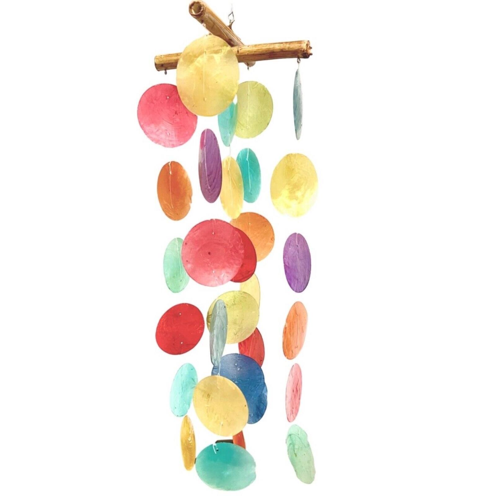 Front. Bamboo Source Tropical Decor - Bamboo Source Multicolored Wood and Capiz Mobile Outdoor Garden Wind Chime 24 inch - Multicolor.