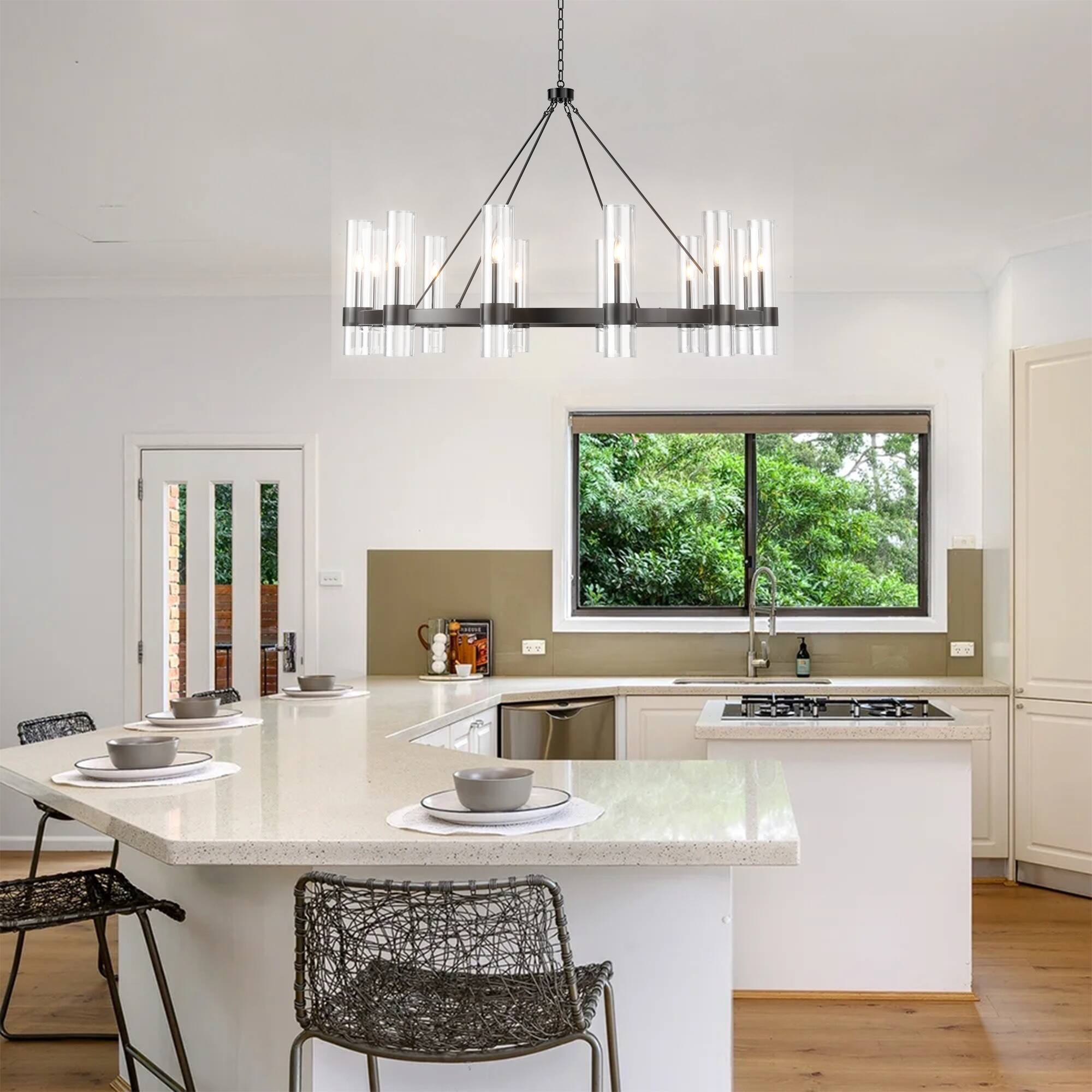 Back. RYHNUYNE - 45.66 Inch 12-Light Wagon Wheel Chandelier Adjustable Farmhouse Pendant Light with Glass Shades for High Ceilings.