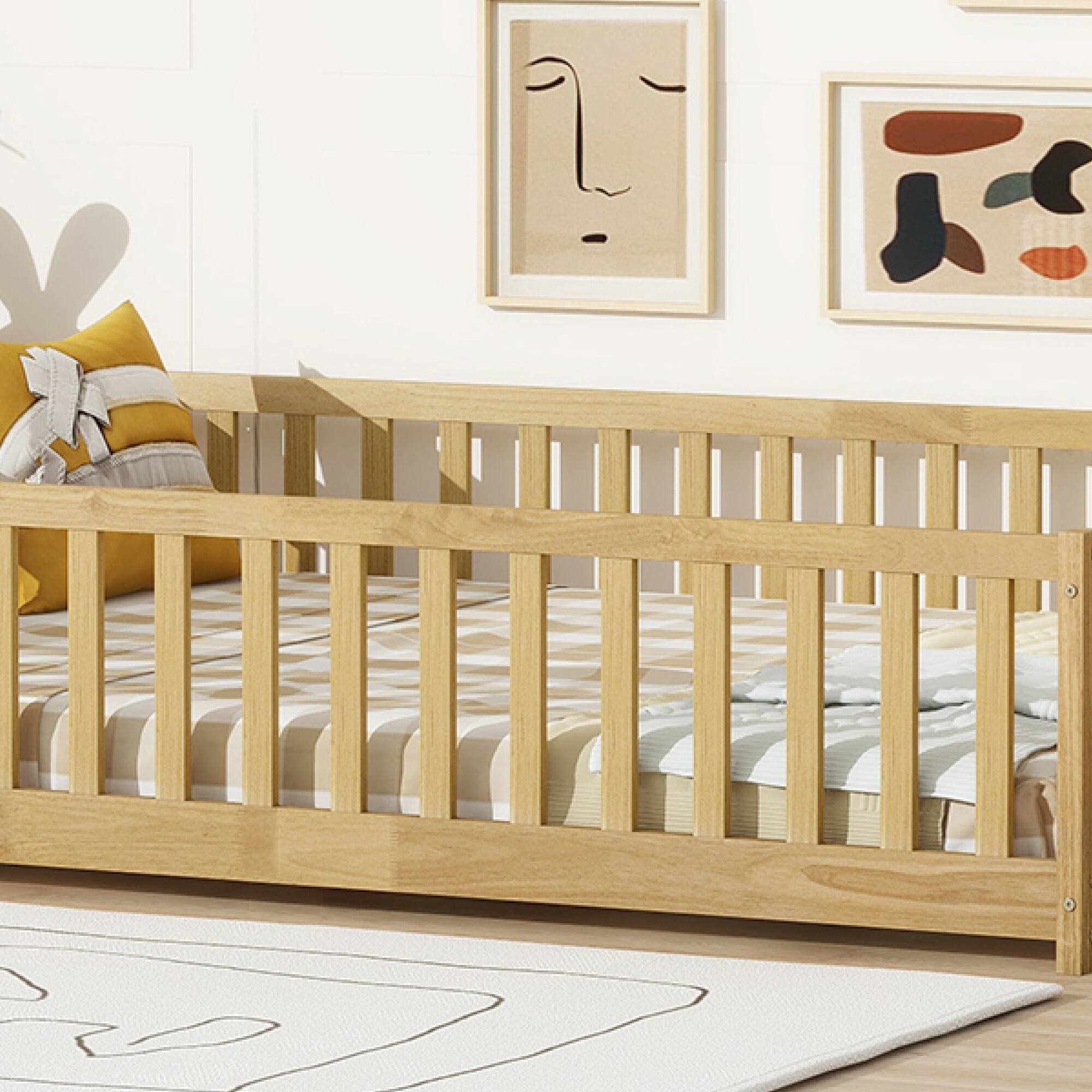 Alt View 5. GOODSILO - Full Size Low Profile Children's Floor Bed with Safety Guardrails and Entry Door, Solid Wood Construction - Natural.