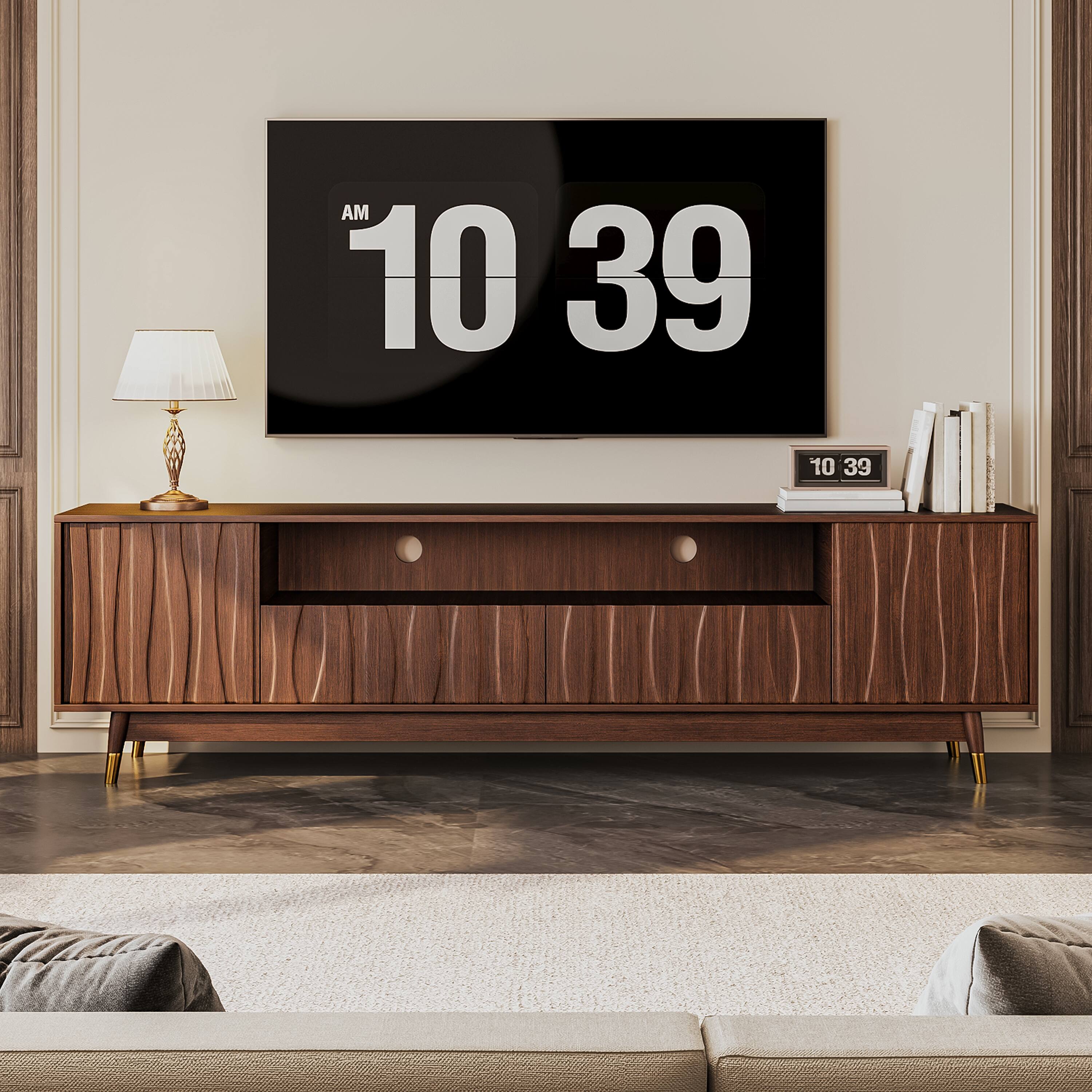 Alt View 2. MSOOB - 78.7 Inch Brown TV Stand For 85 Inch TV, Mid Century Modern Walnut Finish Media Console With Storage Drawers - brown.