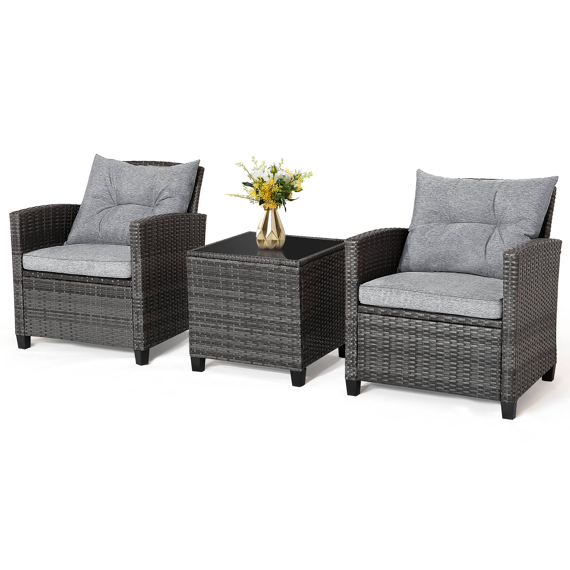 Alt View 1. Gymax - Gymax 3PCS Patio Rattan Sofa Set Outdoor Wicker Conversation Set Glass Tabletop w/ Grey Cushion - Grey.