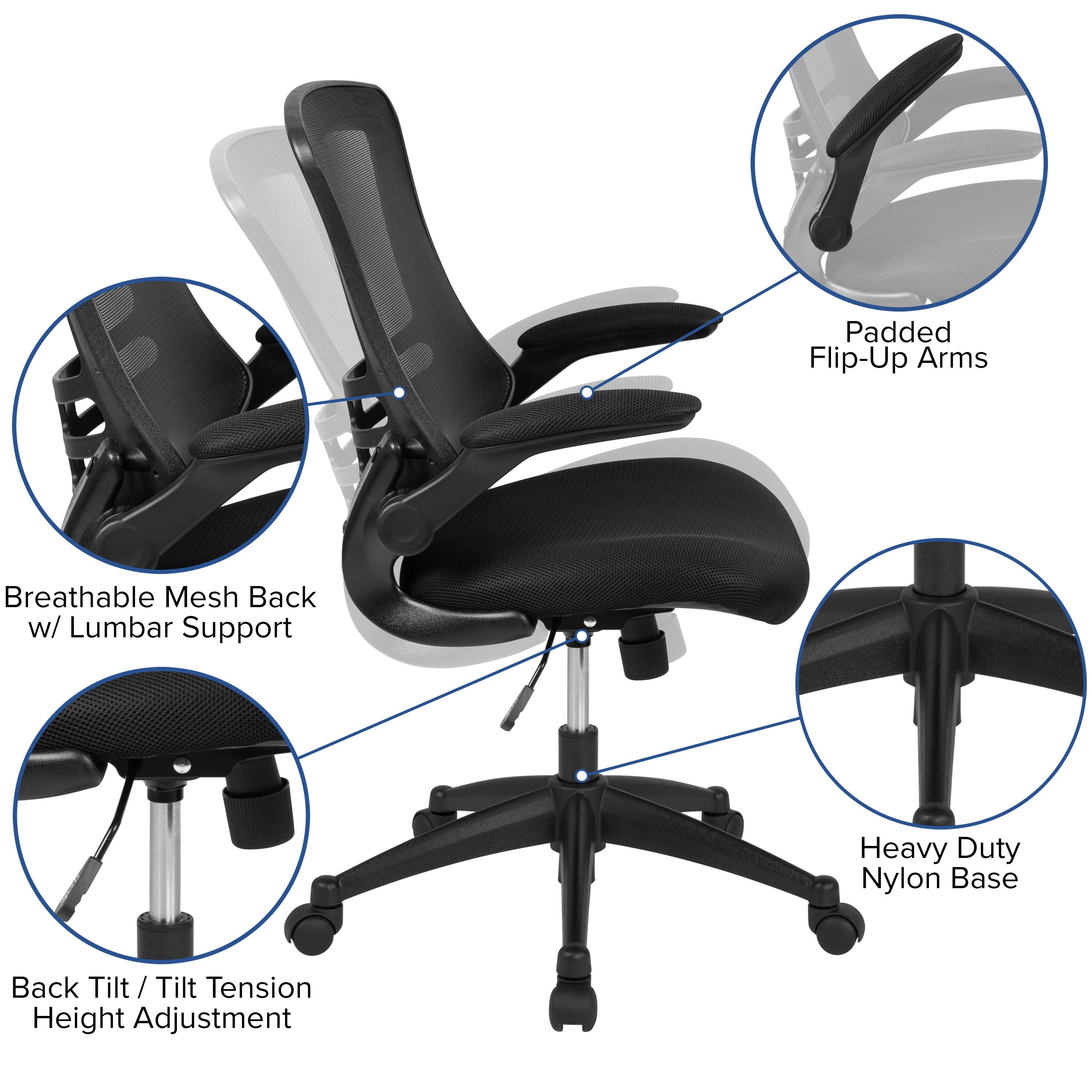 Padded Flip-Up Arms  
Breathable Mesh Back w/ Lumbar Support  
Heavy Duty Nylon Base  
Back Tilt / Tilt Tension Height Adjustment