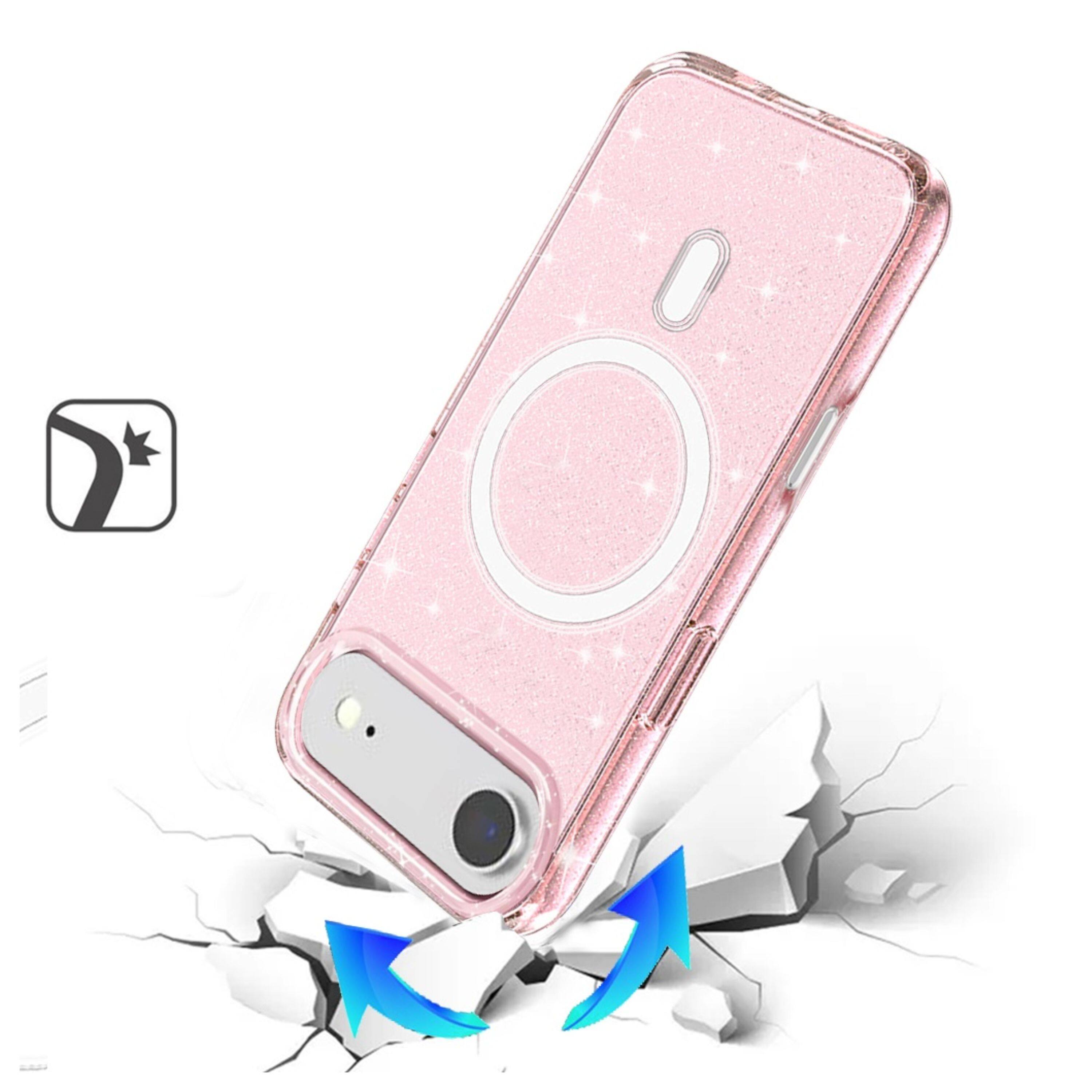 Angle. Kitcheniva - Translucent Glitter Thick Magnetic Circle Phone Case With Tempered Glass For iPhone Air Pink - Pink.