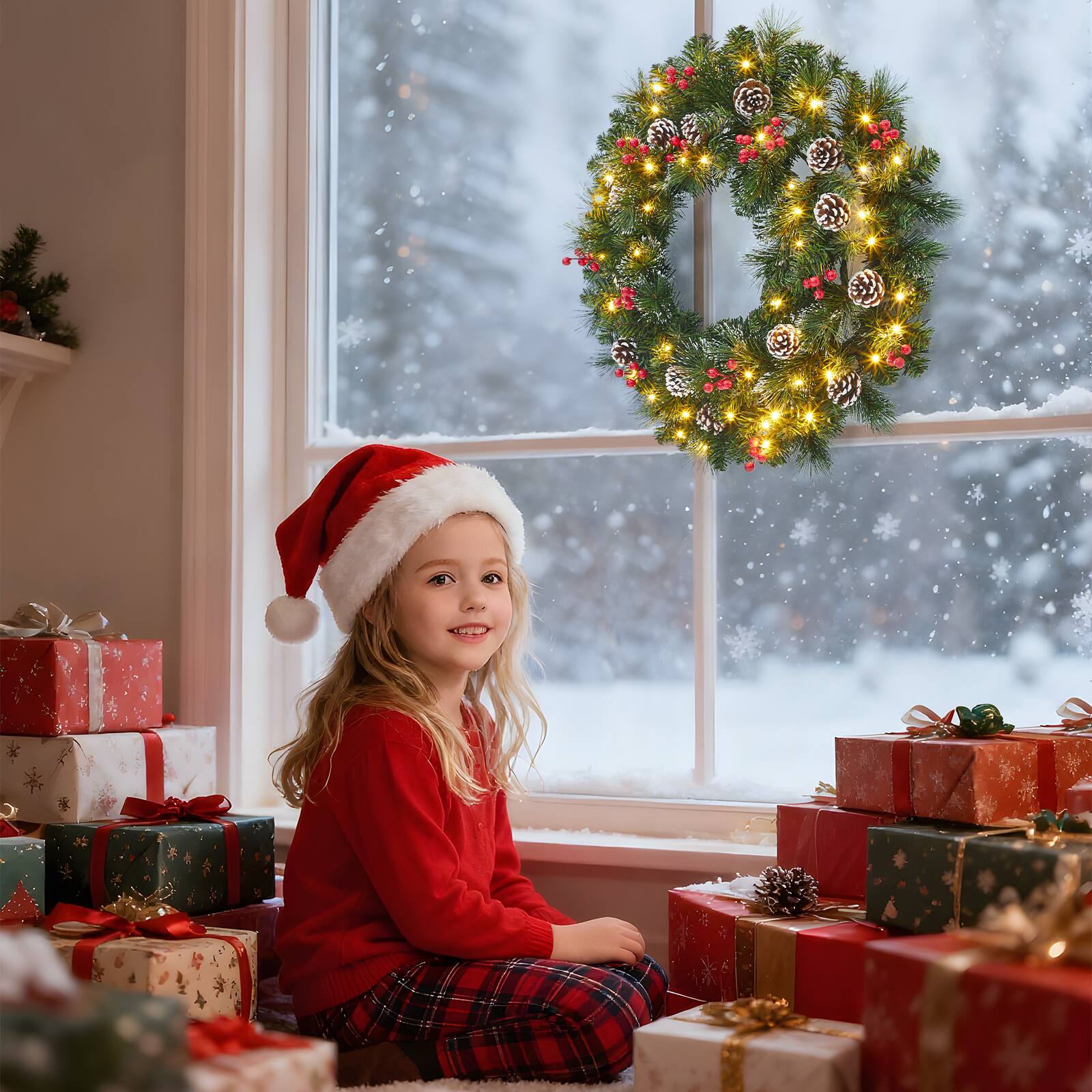 Back. Acekool - 24 Inch Christmas Wreath Prelit Artificial Xmas Wreaths with 50 LED Lights Frosted Branches Pine Cones for Front Door - Green.