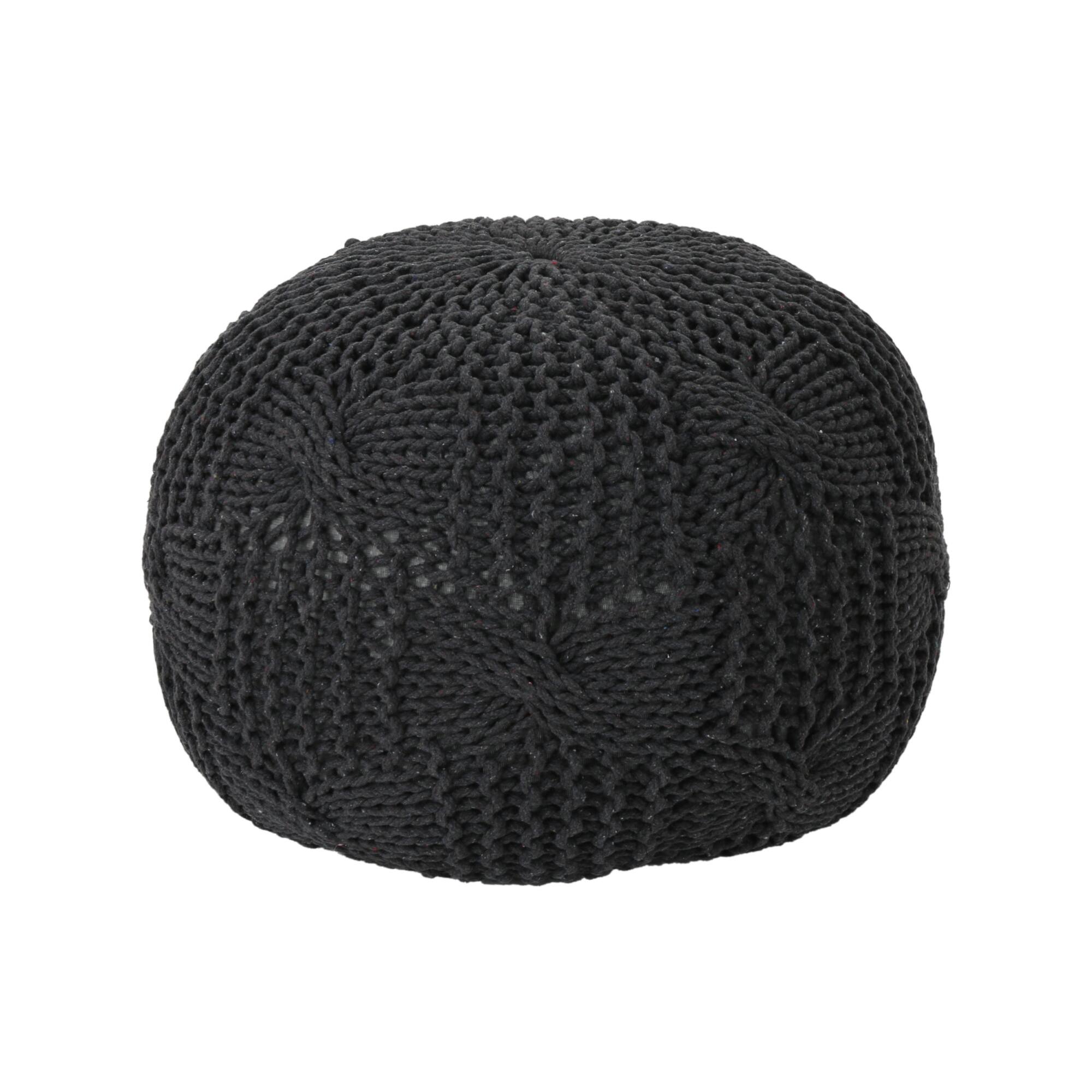 Angle. GOODSILO - Handcrafted Knitted Cotton Round Pouf Ottoman and Floor Cushion in Neutral Beige - Dark Gray.