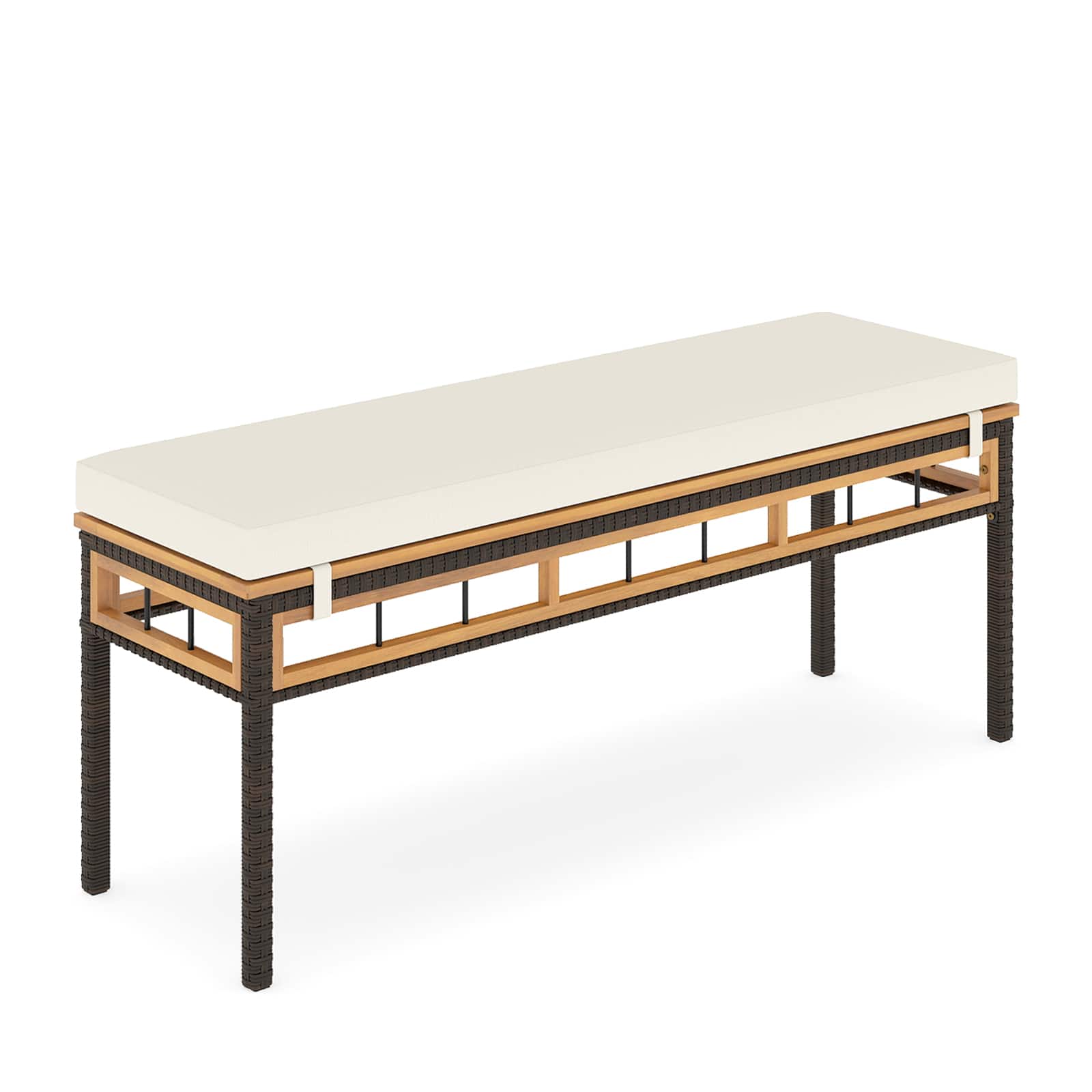 Gymax - 48'' Wicker Patio Bench w/Acacia Wood Seat Removable Padded Cushion for Garden Outdoor - White price history on PriceWatchPro