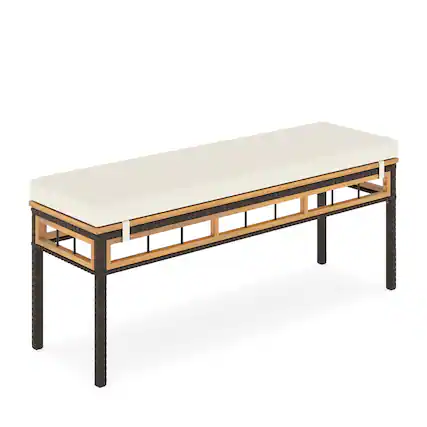 Front. Gymax - Gymax 48'' Wicker Patio Bench w/Acacia Wood Seat Removable Padded Cushion for Garden White Outdoor - White.